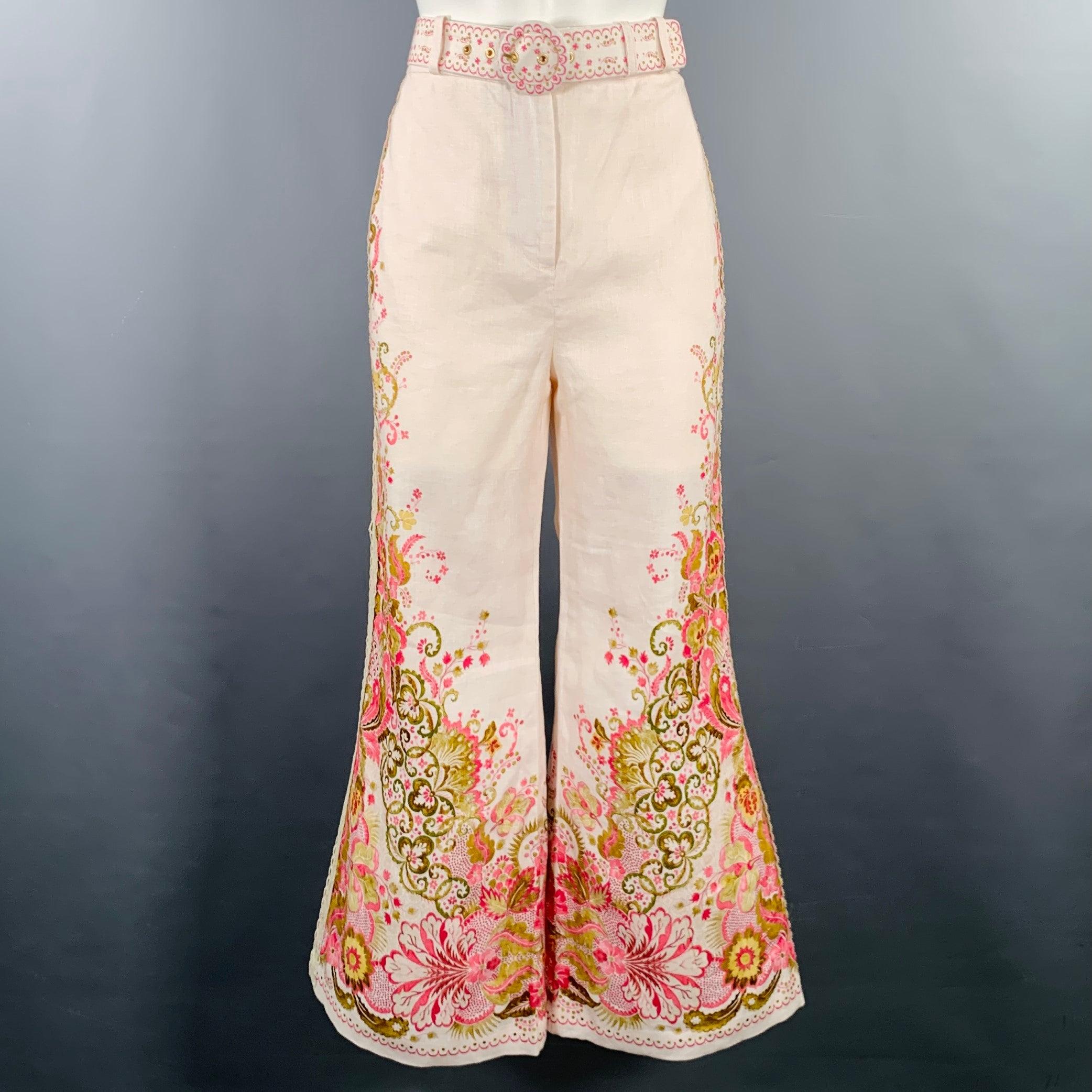 ZIMMERMANN dress pants
in a pink linen featuring a pink and olive green floral design, belted style, wide leg, and white lace doily side stripes.Excellent Pre-Owned Condition. 

Marked:   1 

Measurements: 
  Waist: 27 inches Rise: 10 inches Inseam:
