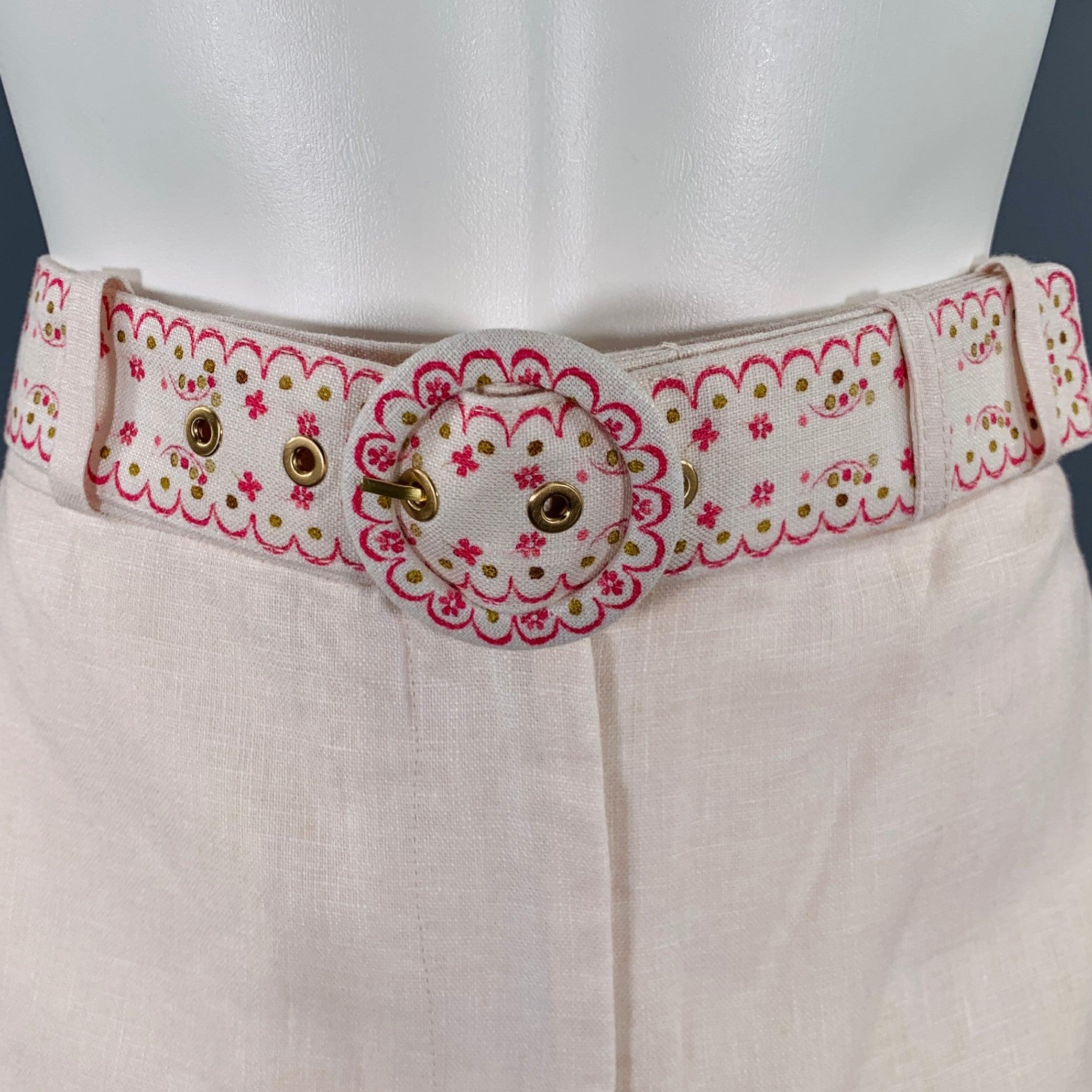 Beige Zimmermann Taglia S Rosa Oliva Lino Ricamato Pantaloni a Vita Alta