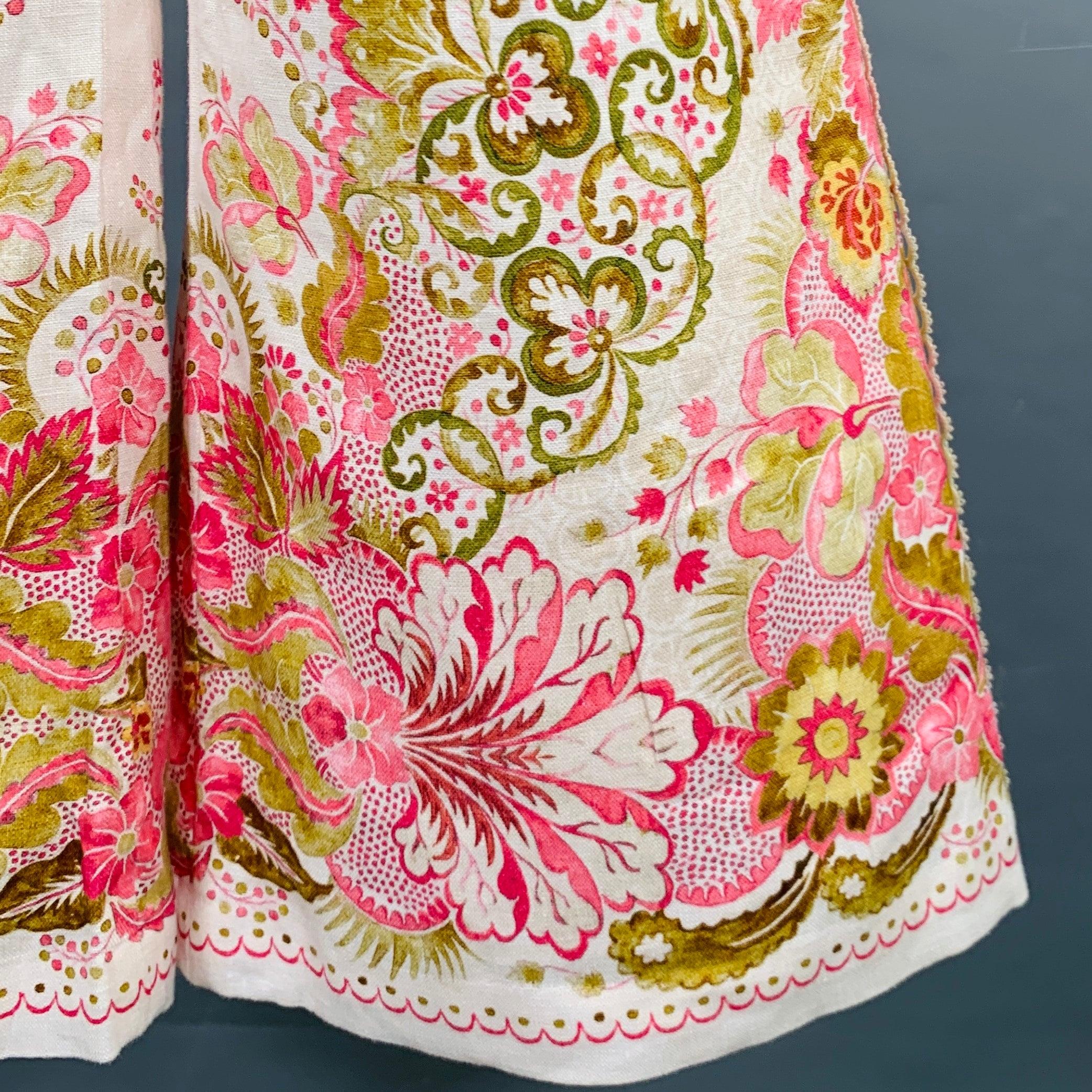 ZIMMERMANN Size S Pink Olive Linen Embroidered High Waisted Dress Pants In Excellent Condition In San Francisco, CA
