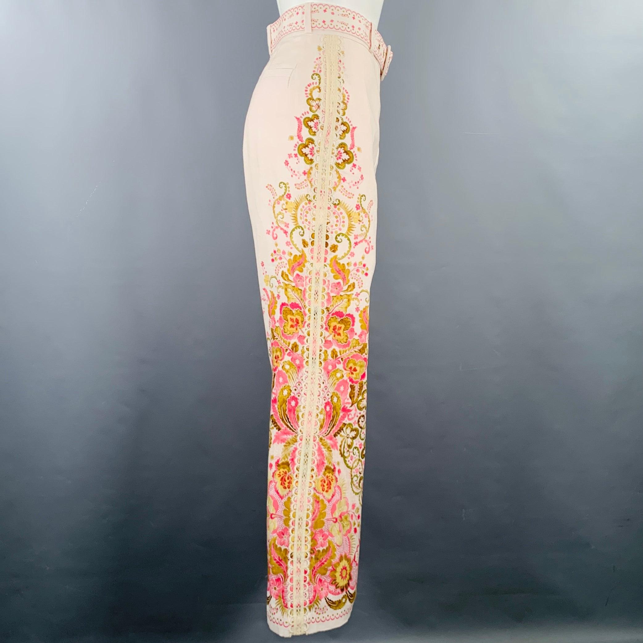 Women's ZIMMERMANN Size S Pink Olive Linen Embroidered High Waisted Dress Pants
