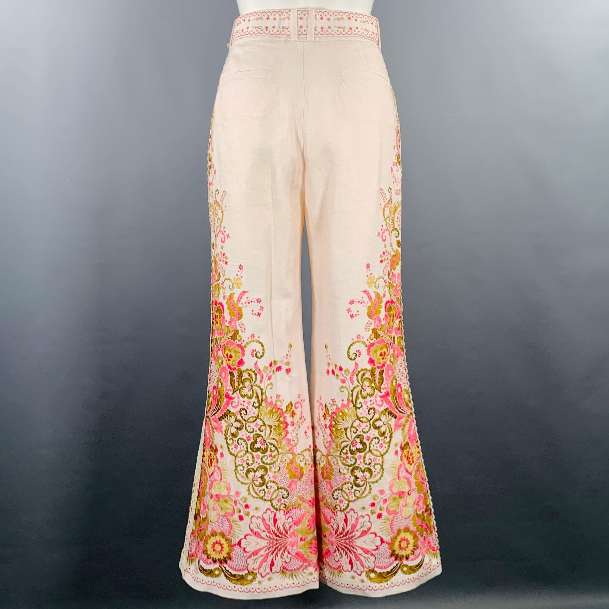 Zimmermann Taglia S Rosa Oliva Lino Ricamato Pantaloni a Vita Alta 1