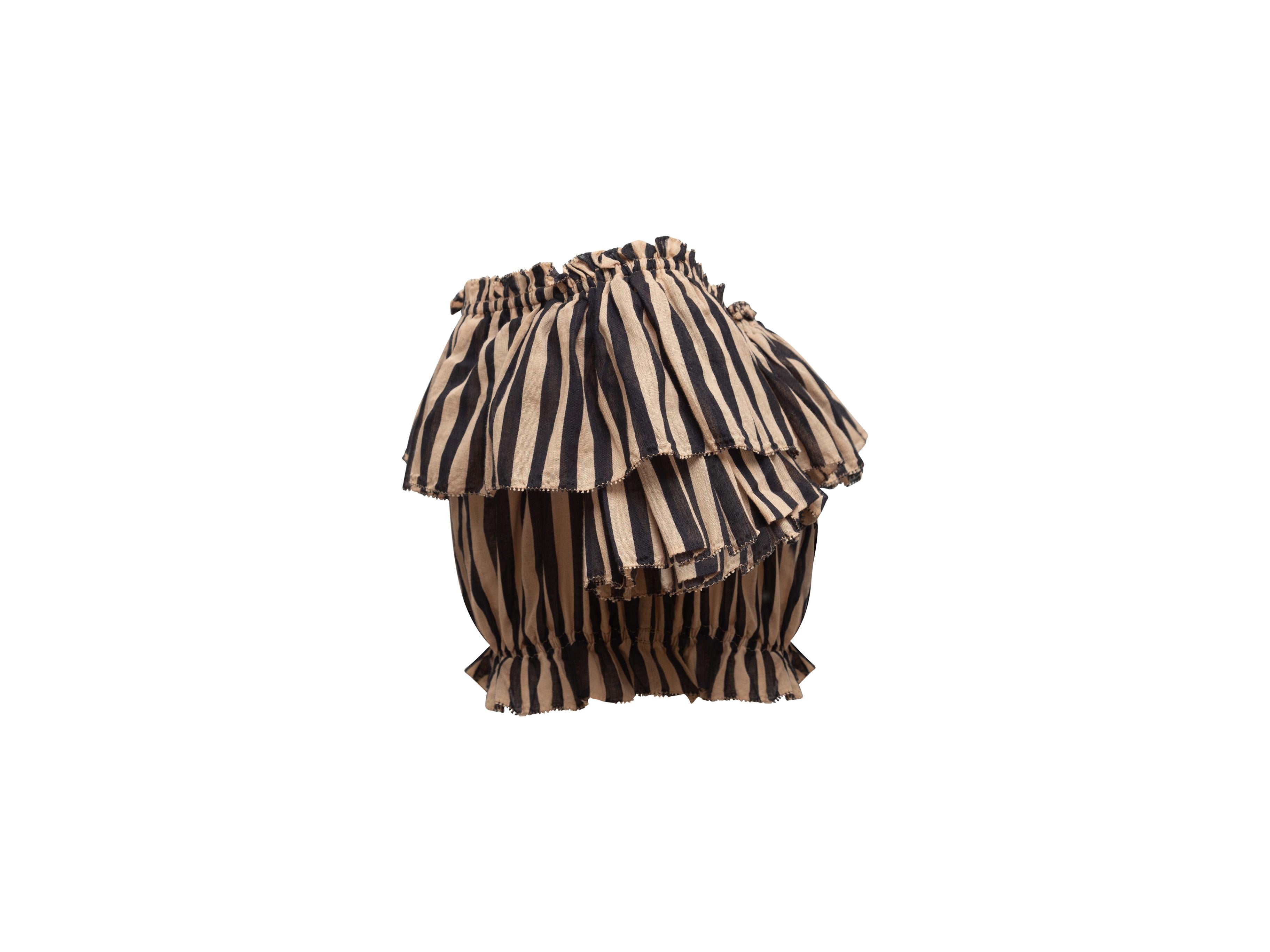 Product details: Tan and black striped strapless crop top by Zimmermann. Ruffle trim throughout. Tie accent at bust. 30