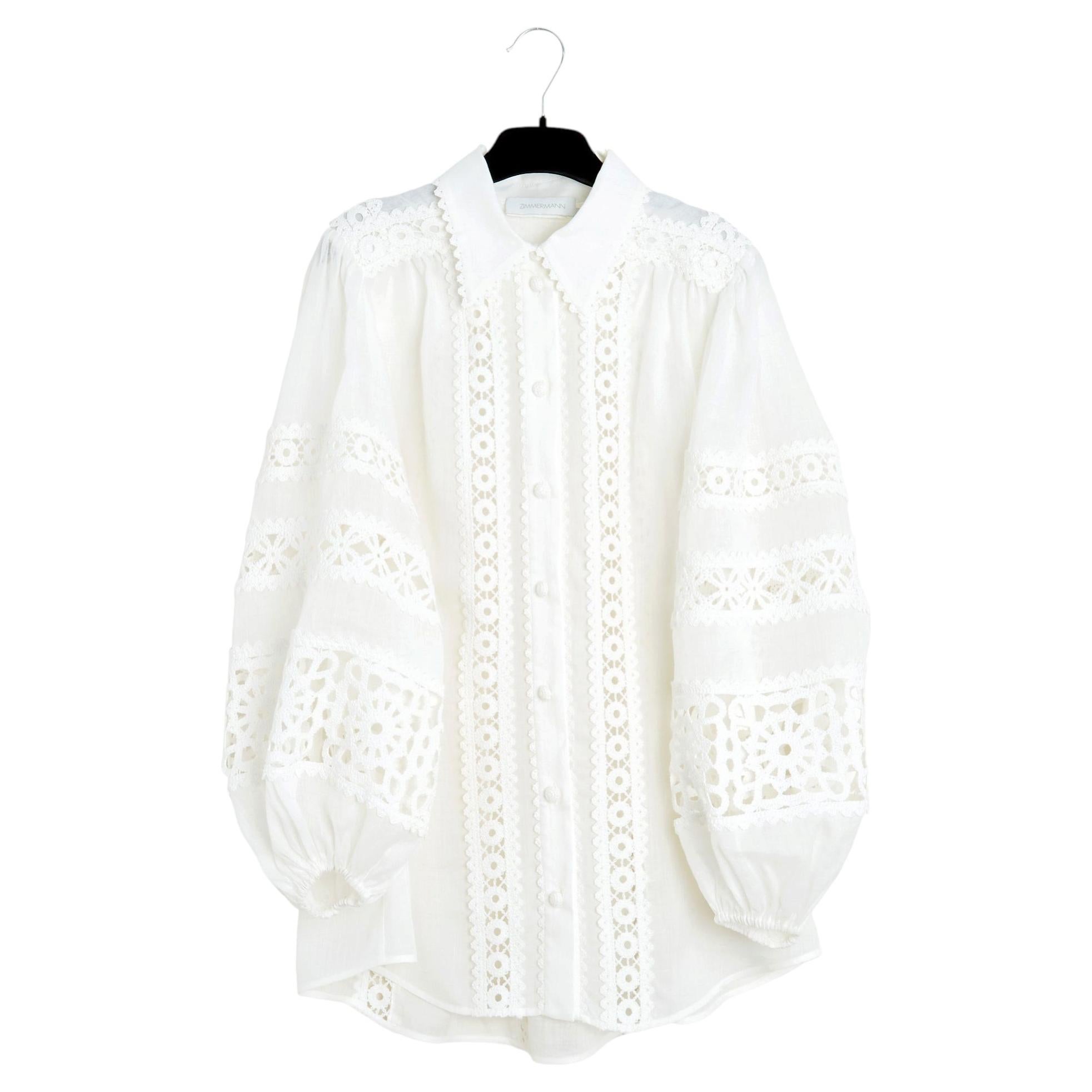 Zimmermann Bluse FR38, weiß, Leinen, durchbrochen, bestickt, Größe UK10, US8