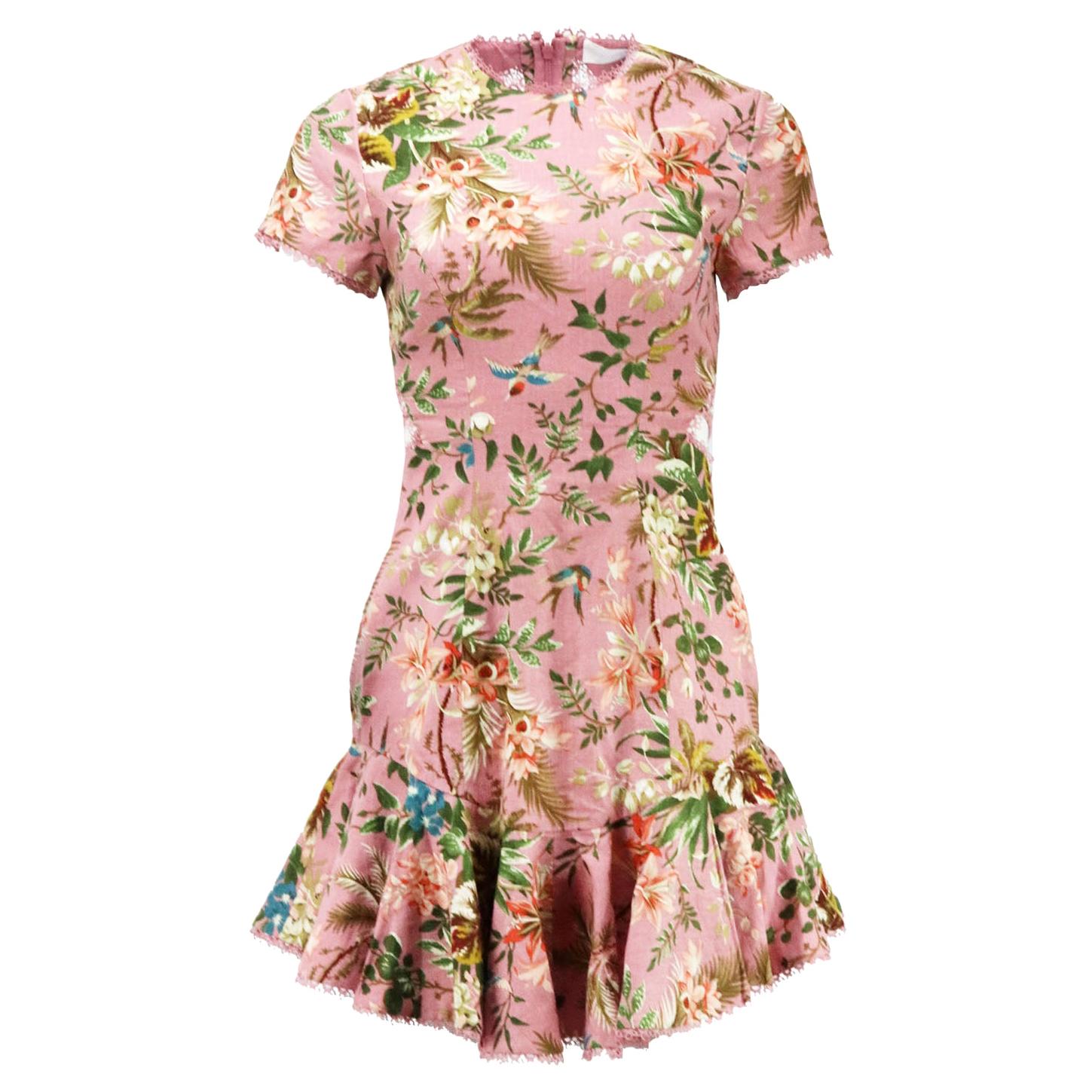 Zimmermann Tropicale Open Back Floral Printed Linen Blend Mini Dress UK 8