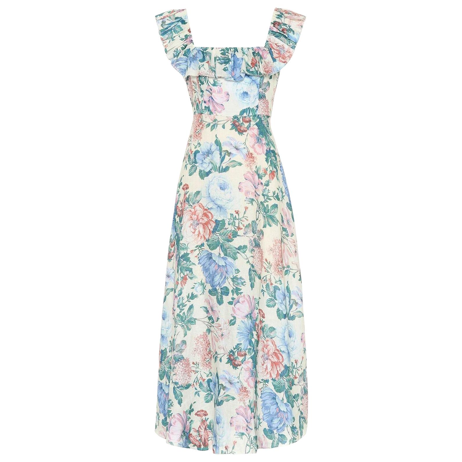 Zimmermann Verity Ruffled Floral Print Linen Maxi Dress