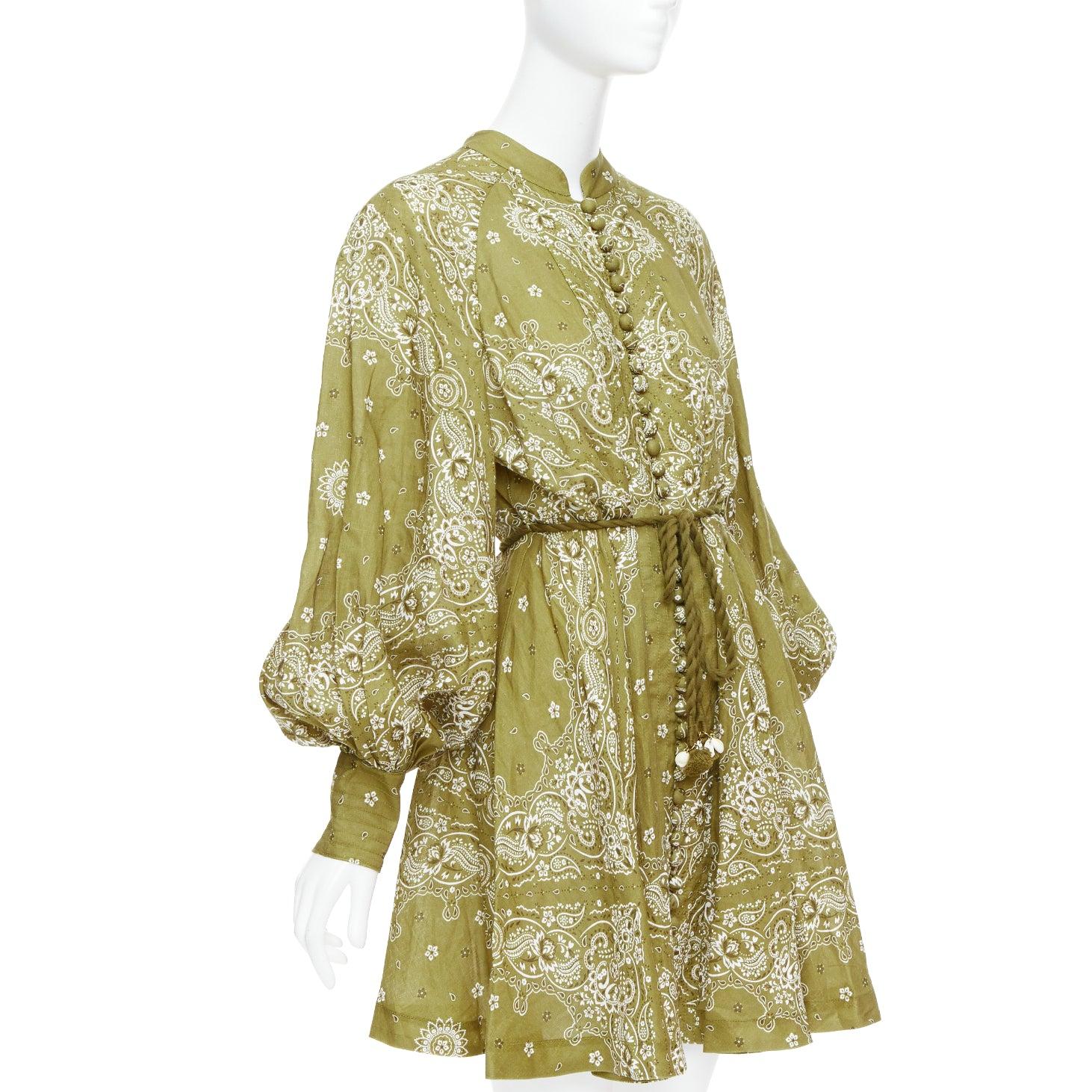 Viola Zimmermann Greene & Greene in lino con stampa paisley e cintura, mini abito US4 S