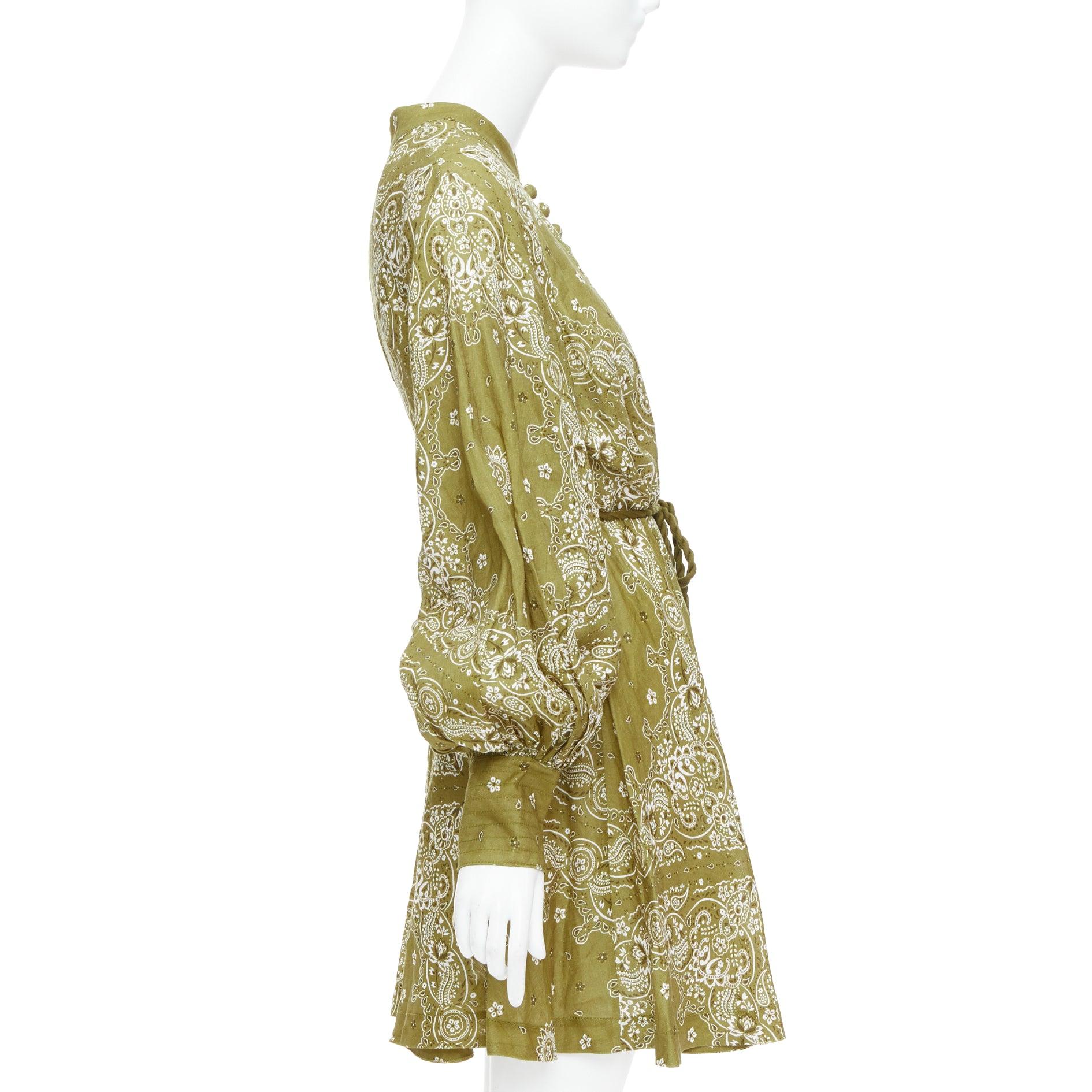 Zimmermann Greene & Greene in lino con stampa paisley e cintura, mini abito US4 S In condizioni ottime a Hong Kong, NT