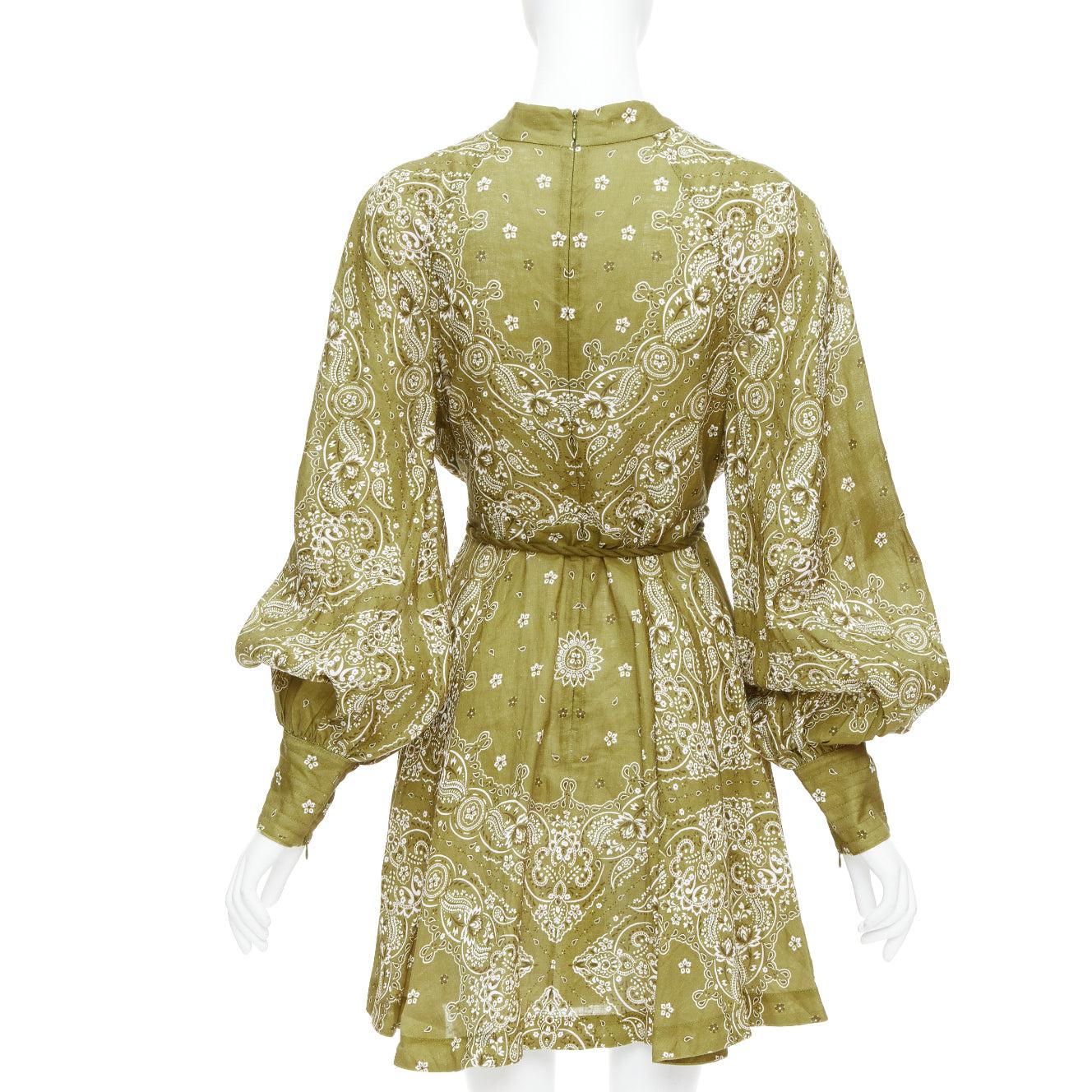 Donna Zimmermann Greene & Greene in lino con stampa paisley e cintura, mini abito US4 S