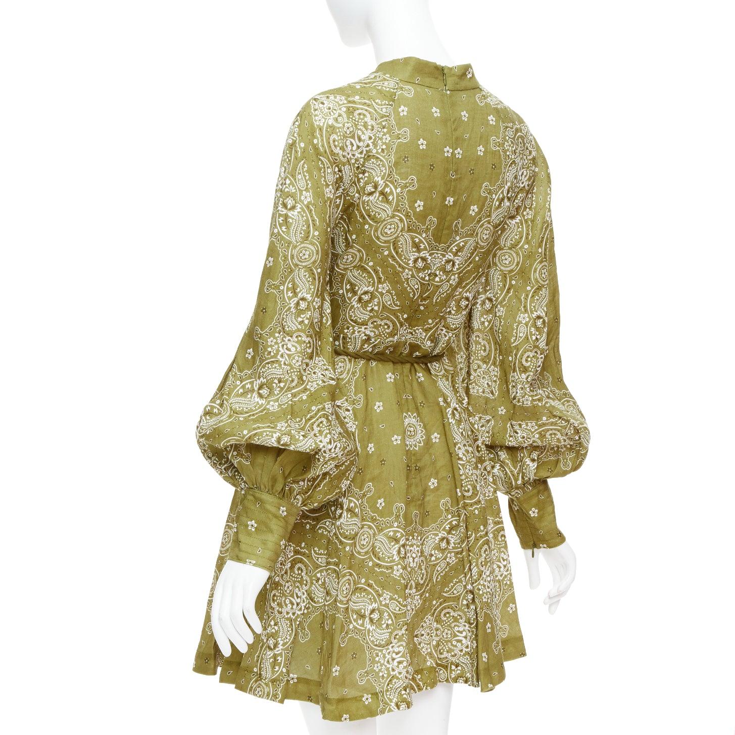 Zimmermann Greene & Greene in lino con stampa paisley e cintura, mini abito US4 S 1