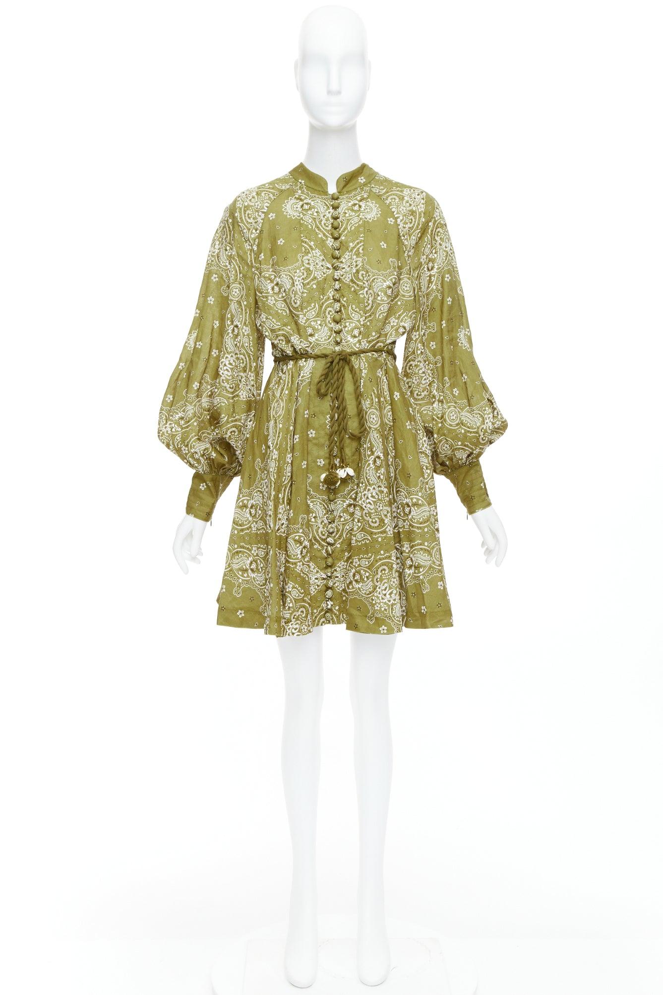 Zimmermann Greene & Greene in lino con stampa paisley e cintura, mini abito US4 S 3