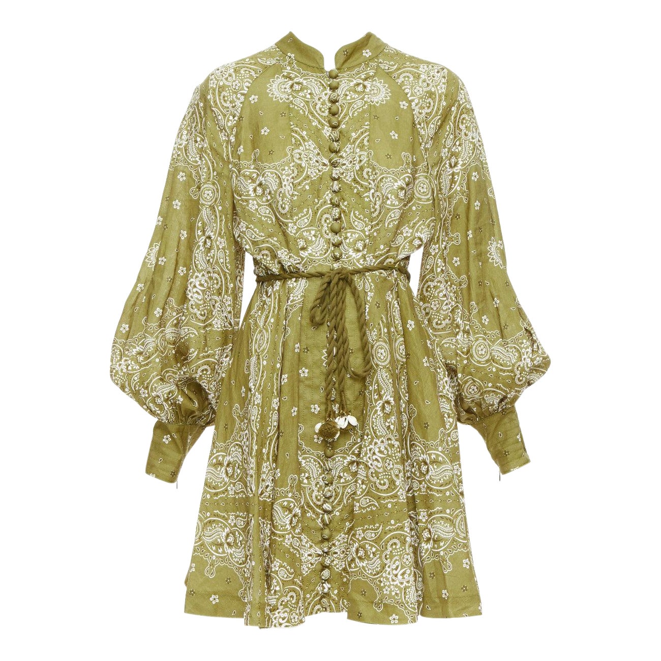 ZIMMERMANN Violet green linen paisley print belted shirt mini dress US4 S