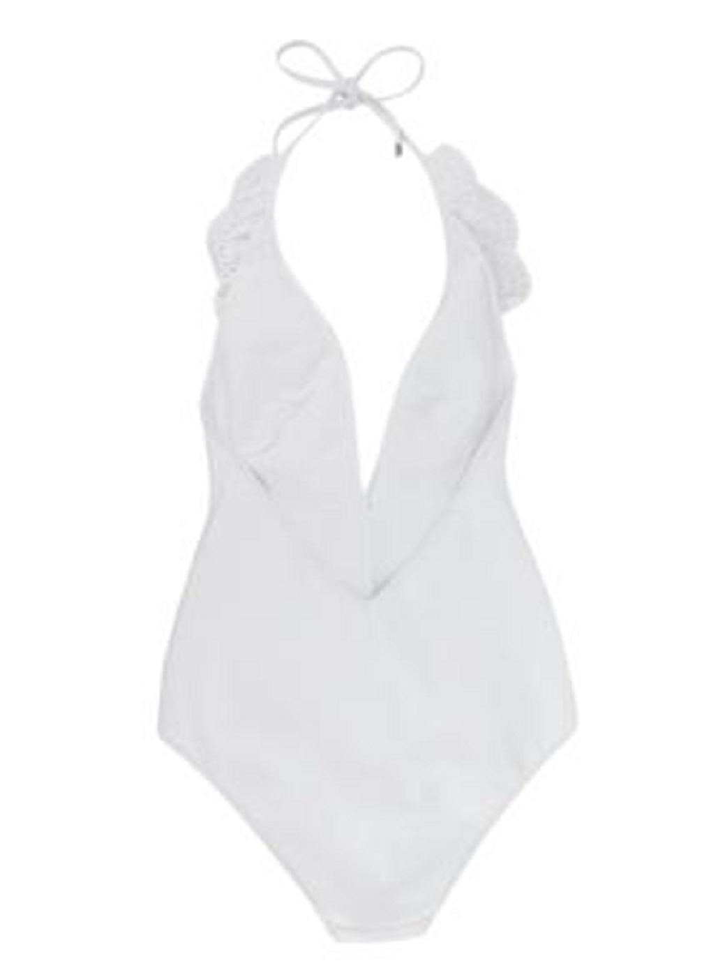 Zimmermann White Broderie Anglaise-Trimmed Swimsuit

- Plunge-front with halterneck tie
- Deep cut-out back
- Plunge front trimmed with Broderie Anglaise
-Fully Lined 

Materials 
72% Polyamide 
28 % Elastane 
Lining
90 % Polyamide 
10 % Elastane