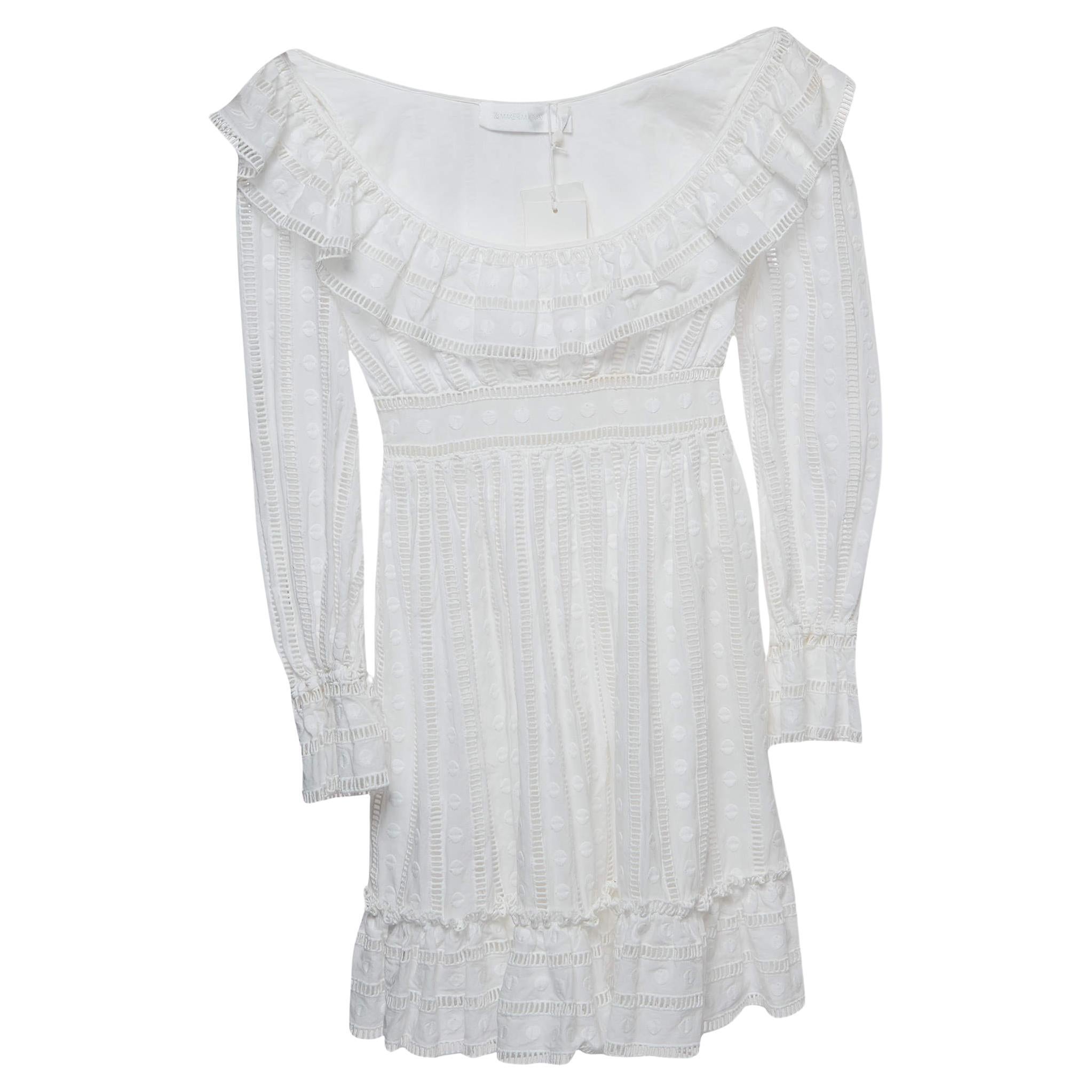 Zimmermann White Dotted Cotton Melody Ladder Mini Dress S For Sale