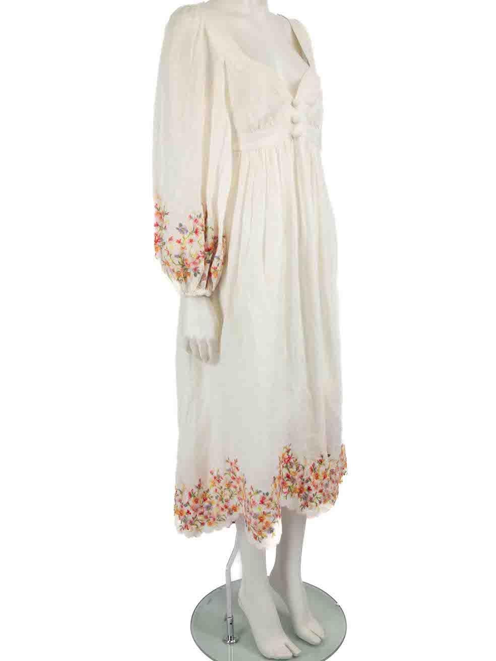 CONDITION is Good. General wear to dress is evident. Moderate signs of wear to the rear, underarms and underarm lining with discoloured marks to the linen on this used Zimmermann designer resale item.
 
 Details
 White
 Linen
 Midi dress
 Floral