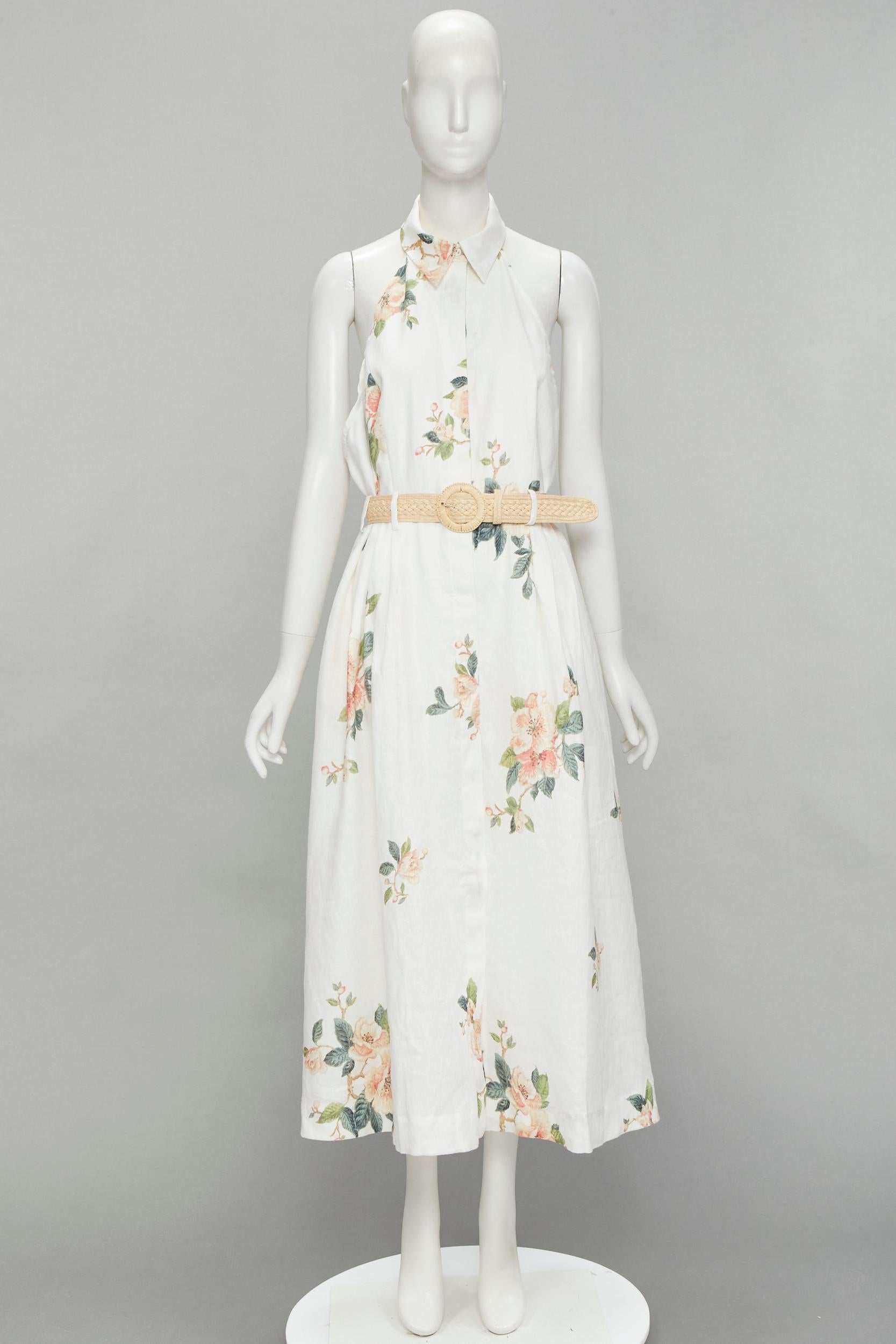 ZIMMERMANN white floral linen raffia braided belt halter backless dress Sz.3 L For Sale 3