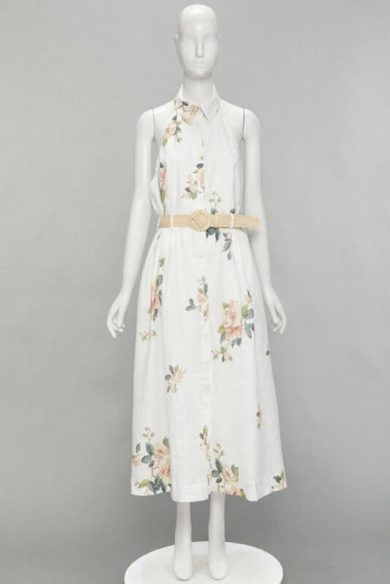 ZIMMERMANN white floral linen raffia braided belt halter backless dress Sz.3 L 5