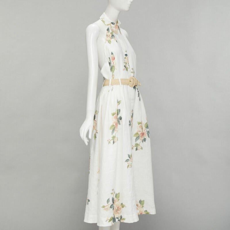 ZIMMERMANN white floral linen raffia braided belt halter backless dress Sz.3 L In Excellent Condition In Hong Kong, NT