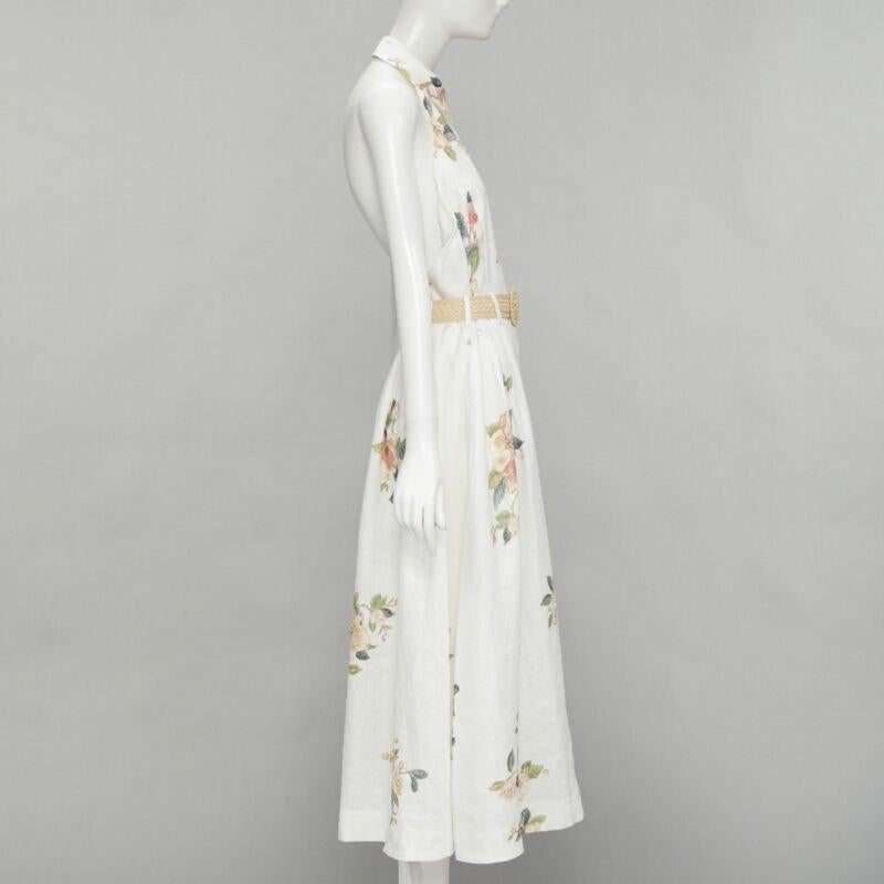 ZIMMERMANN white floral linen raffia braided belt halter backless dress Sz.3 L In Excellent Condition In Hong Kong, NT