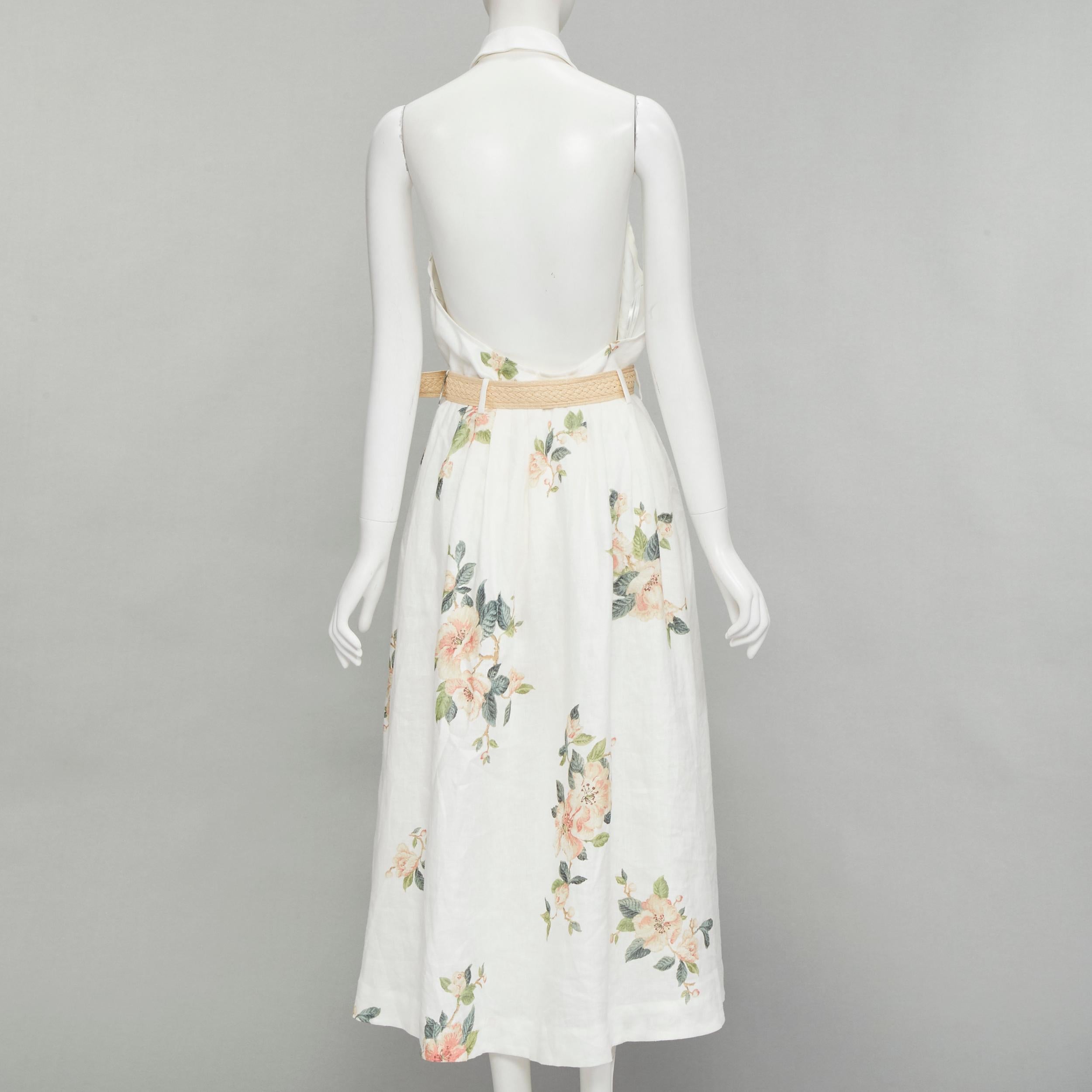 Gray ZIMMERMANN white floral linen raffia braided belt halter backless dress Sz.3 L For Sale