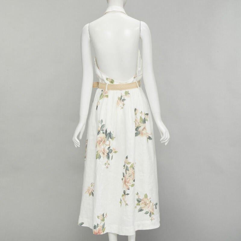 ZIMMERMANN white floral linen raffia braided belt halter backless dress Sz.3 L 1