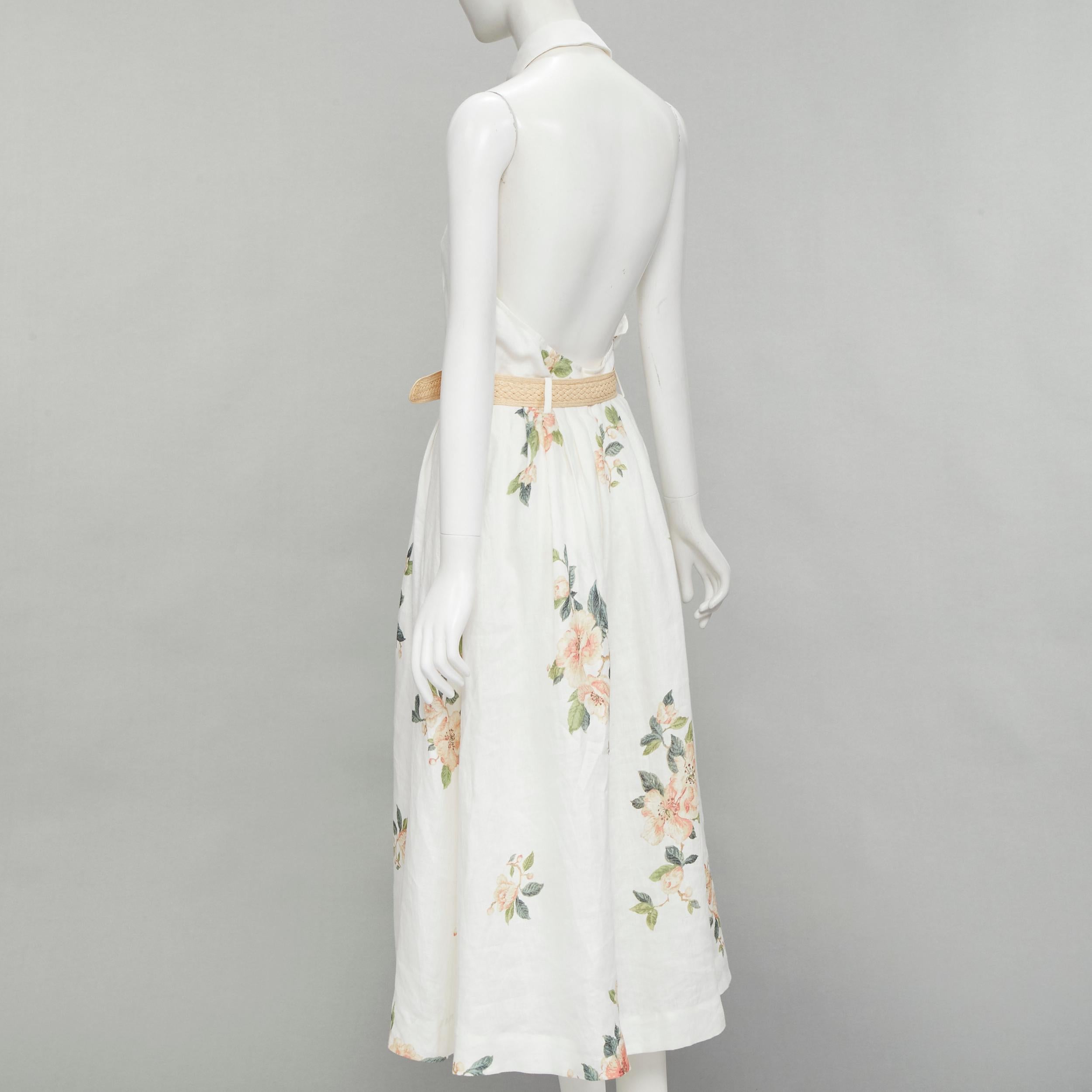 ZIMMERMANN white floral linen raffia braided belt halter backless dress Sz.3 L In Excellent Condition For Sale In Hong Kong, NT