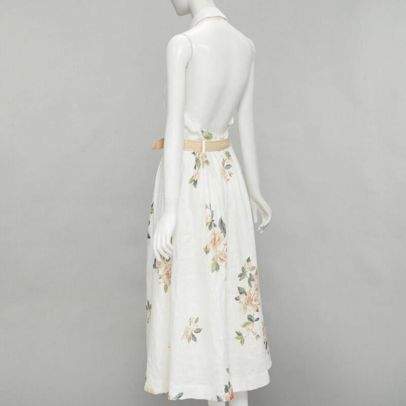 ZIMMERMANN white floral linen raffia braided belt halter backless dress Sz.3 L 2