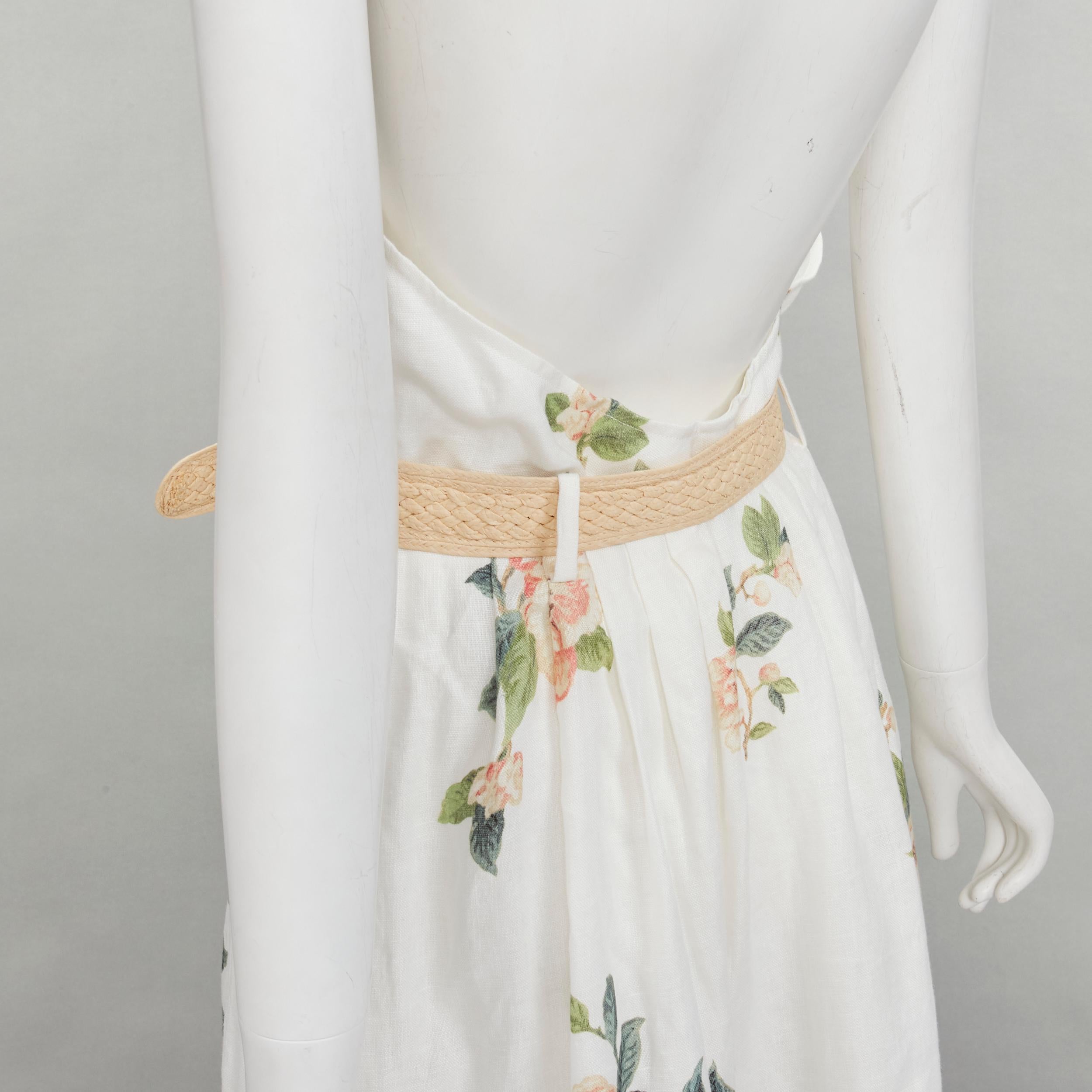 ZIMMERMANN white floral linen raffia braided belt halter backless dress Sz.3 L For Sale 1