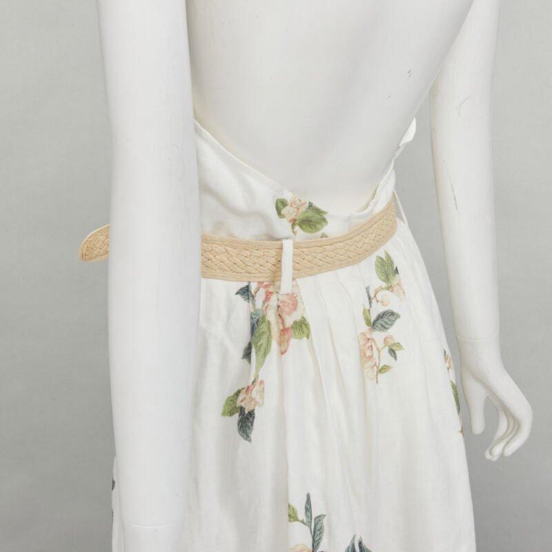 ZIMMERMANN white floral linen raffia braided belt halter backless dress Sz.3 L 4