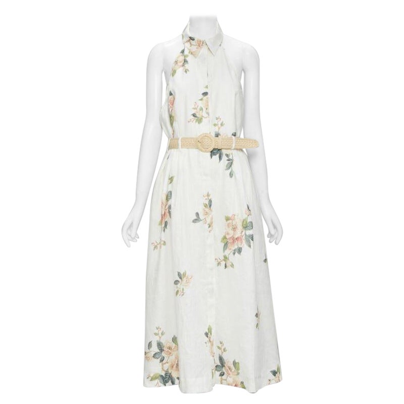 ZIMMERMANN white floral linen raffia braided belt halter backless dress Sz.3 L