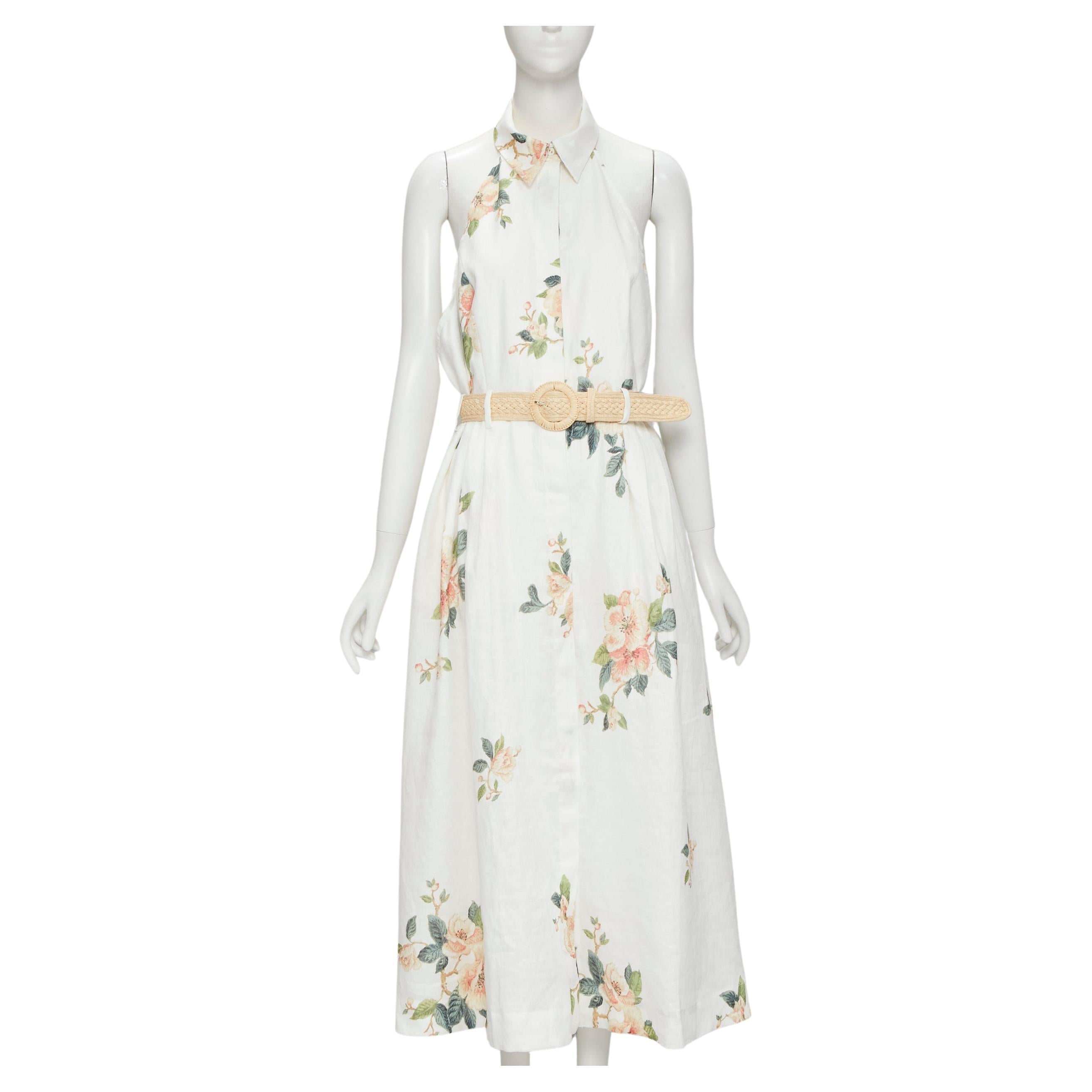 ZIMMERMANN white floral linen raffia braided belt halter backless dress Sz.3 L For Sale