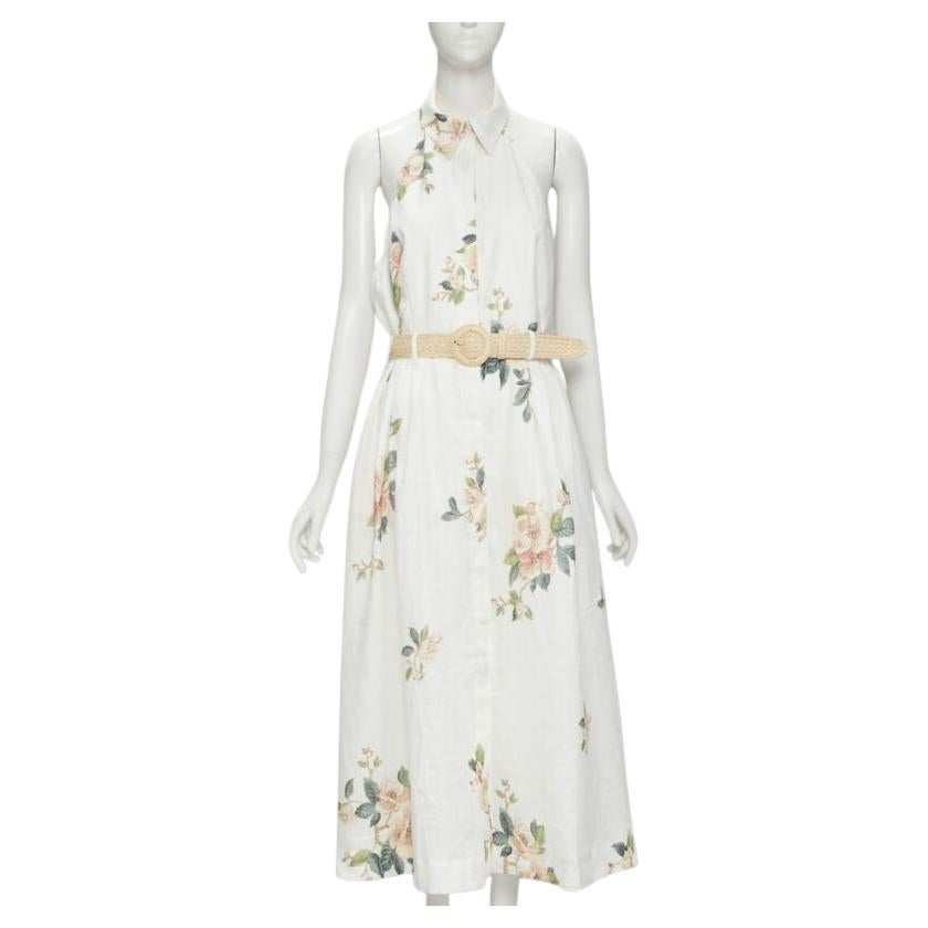 ZIMMERMANN white floral linen raffia braided belt halter backless dress Sz.3 L