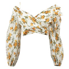 Zimmermann White Floral Print Asymmetric Pleated Crop Top Size L