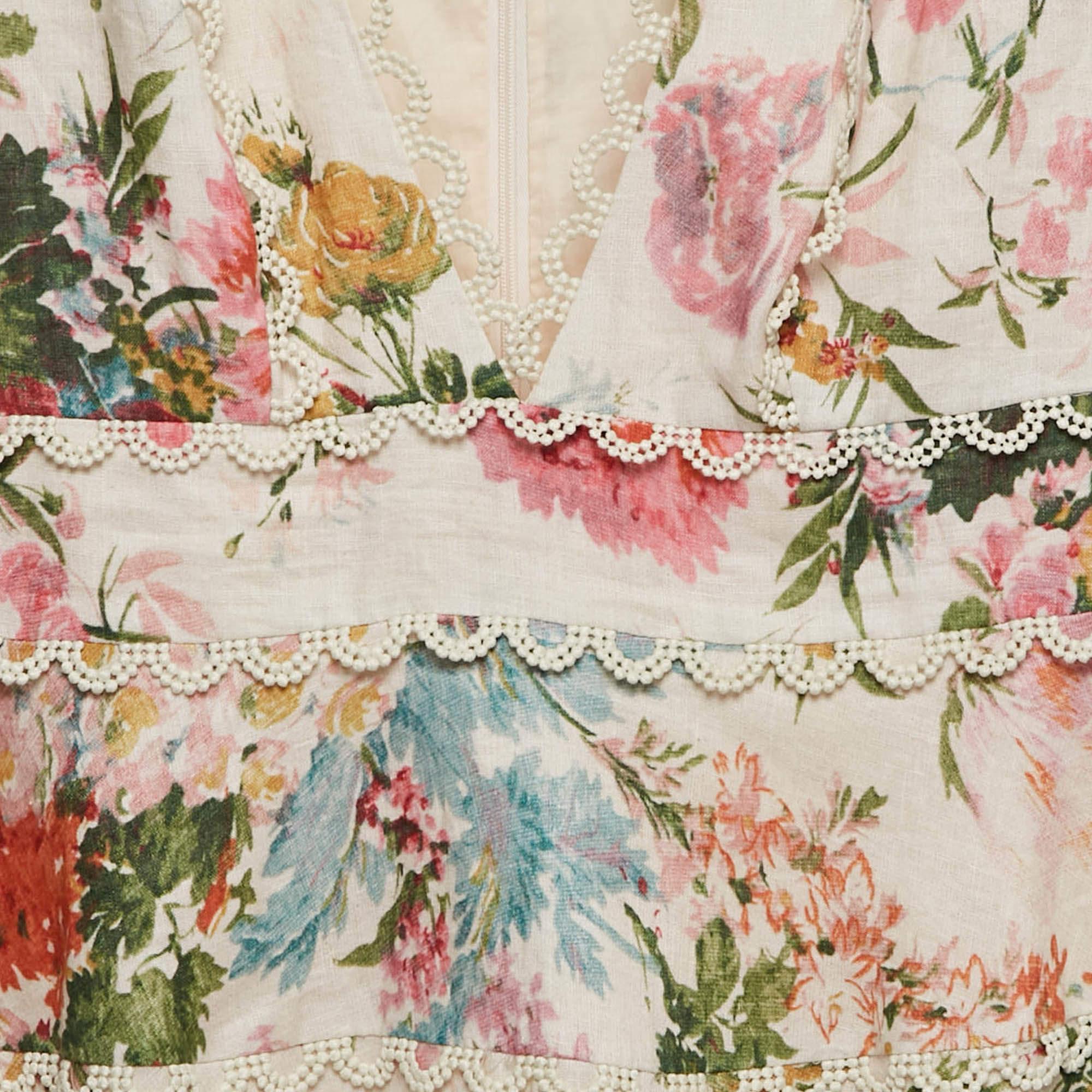 Zimmermann White Floral Print Linen Tiered Heathers Mini Dress M In Excellent Condition In Dubai, Al Qouz 2