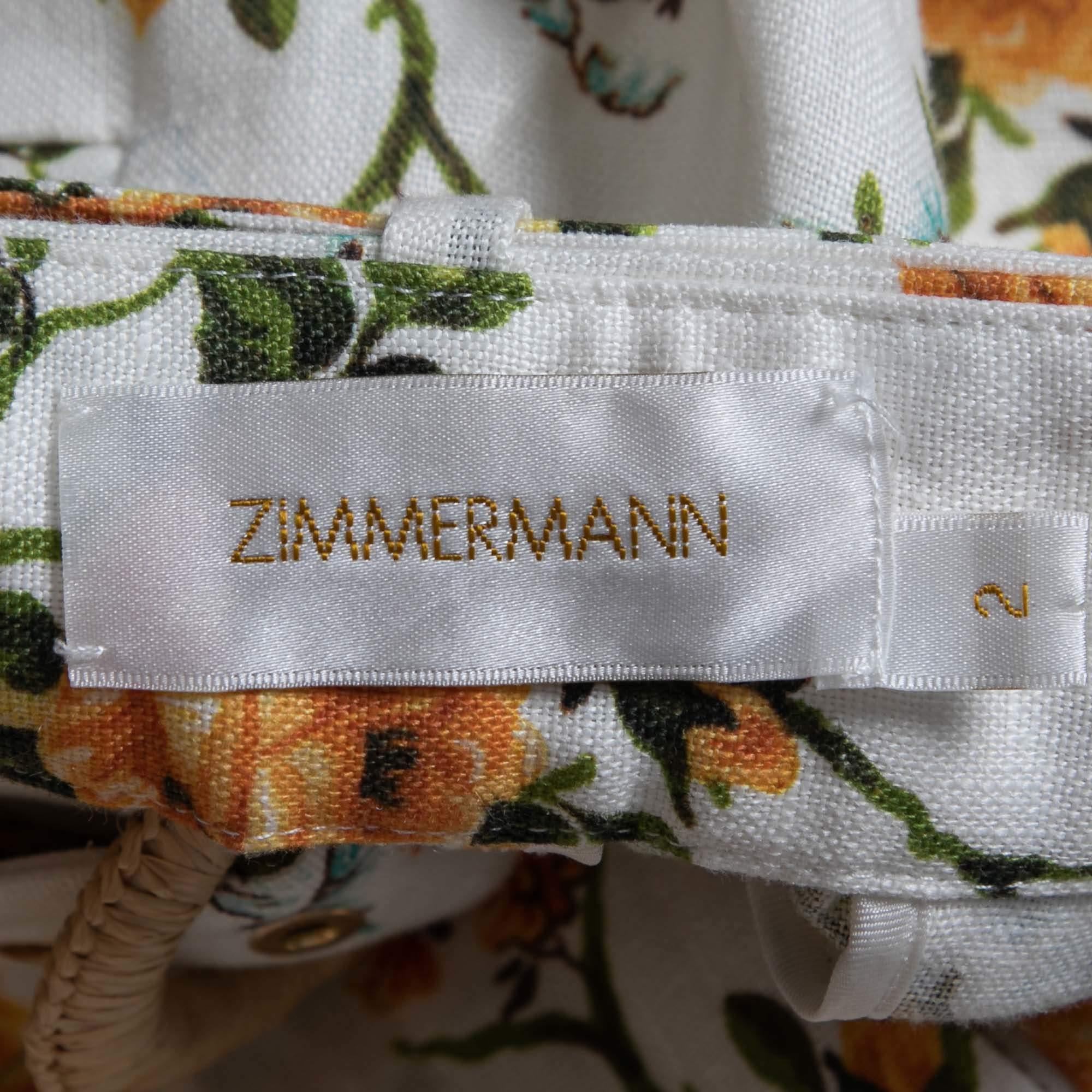 Zimmermann White Floral Printed Linen Belted Straight Pants M In Good Condition In Dubai, Al Qouz 2