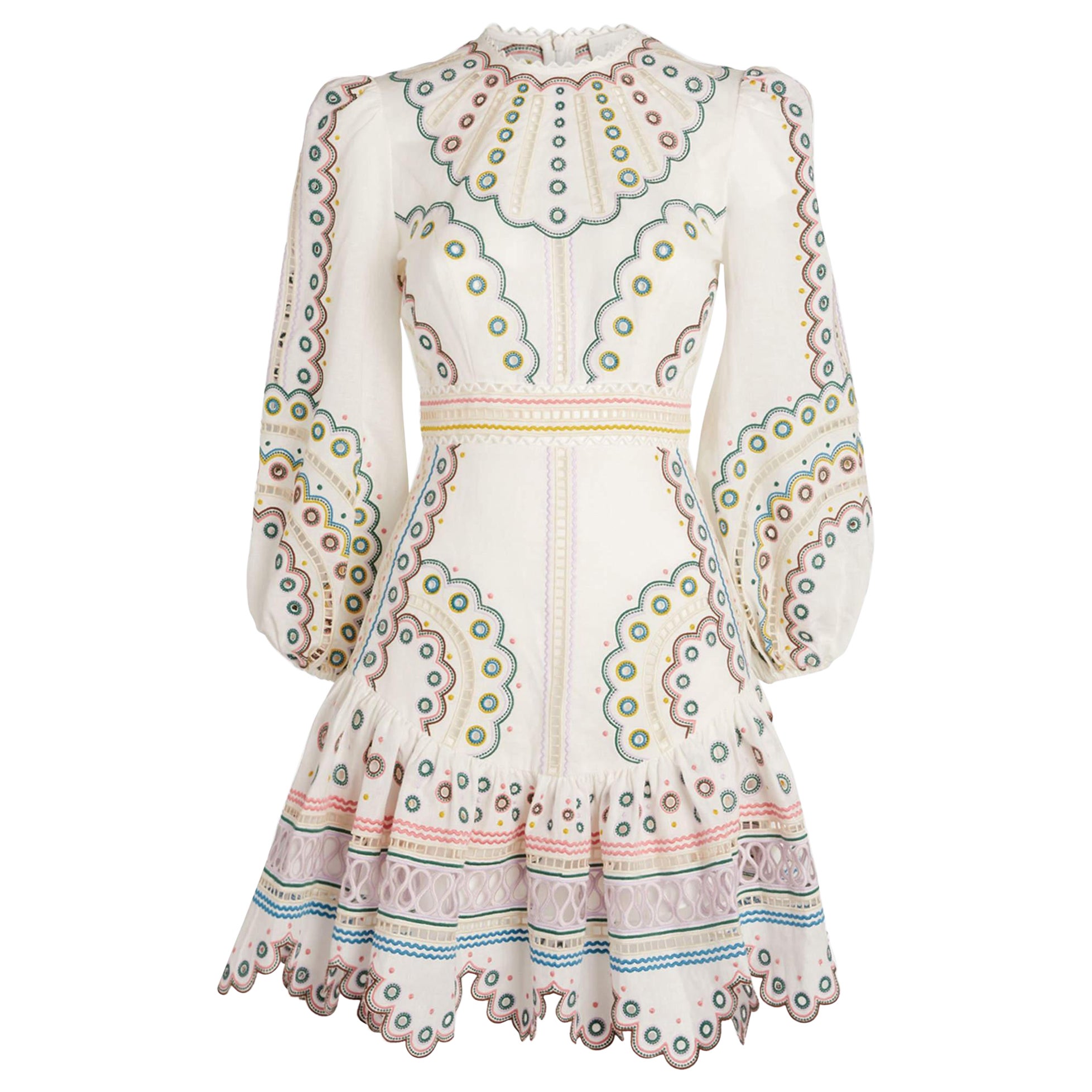 Zimmermann White Linen and Cotton Embroidered Mini Dress XS