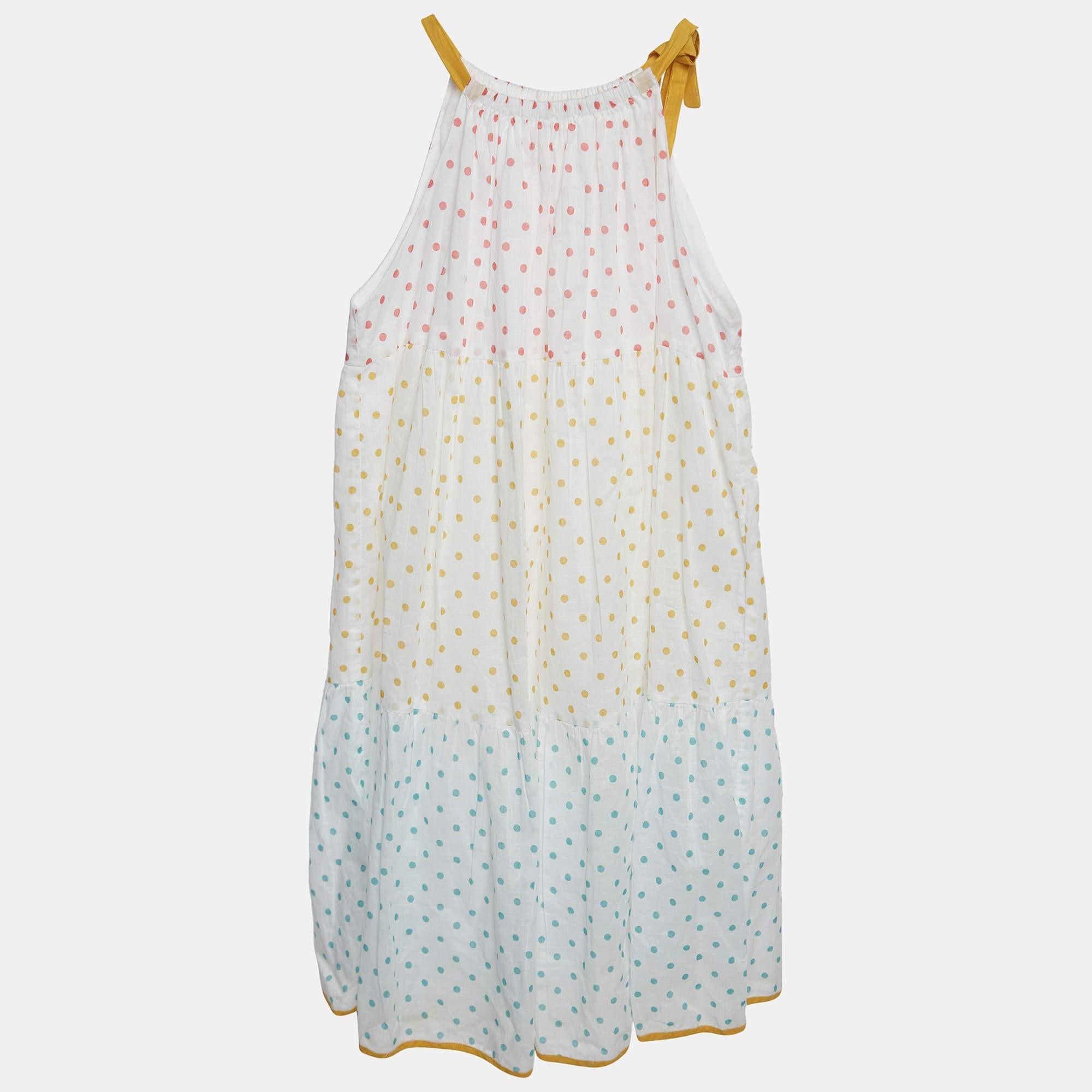 The Zimmermann cotton dress for kids is a charming and playful garment. Crafted from breathable cotton it features a white base adorned with vibrant multicolored polka dots creating a whimsical and stylish look for young fashion enthusiasts.