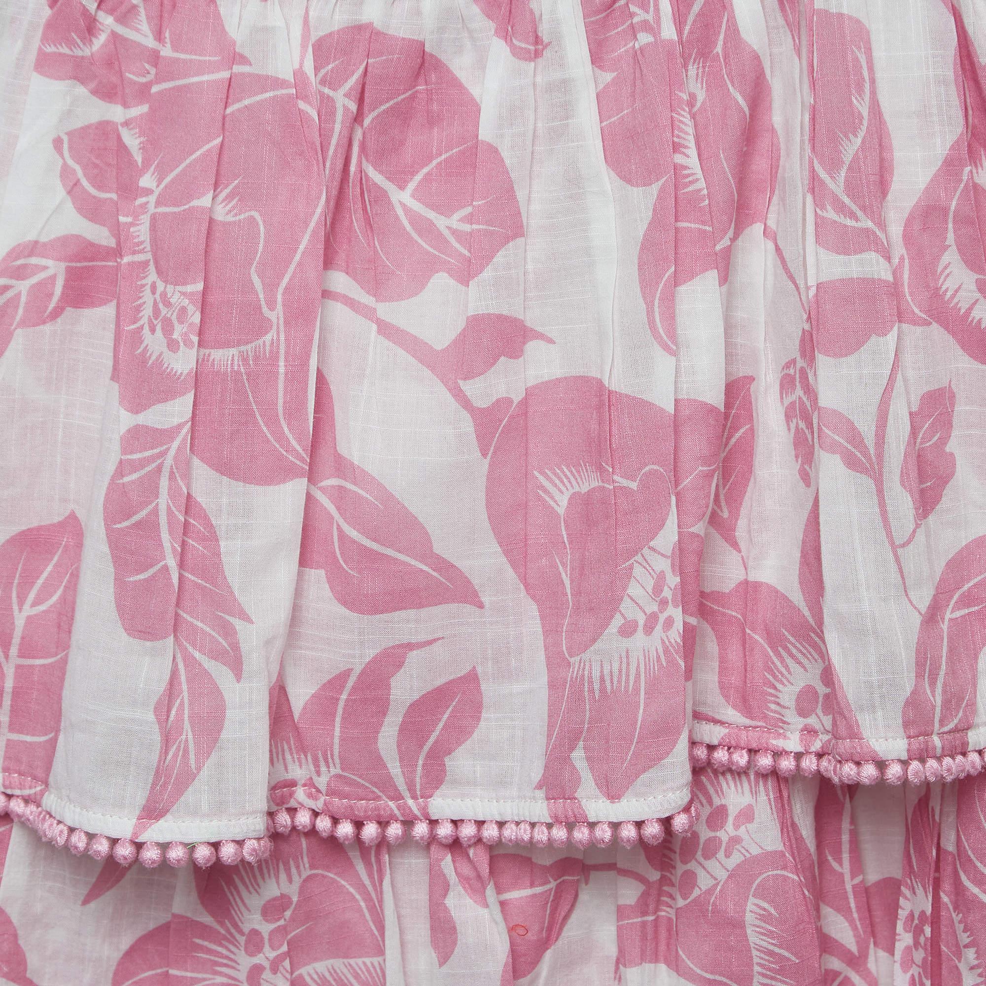 Beige Zimmermann White/Pink Floral Print Cotton Tiered Dress (10 Yrs) For Sale