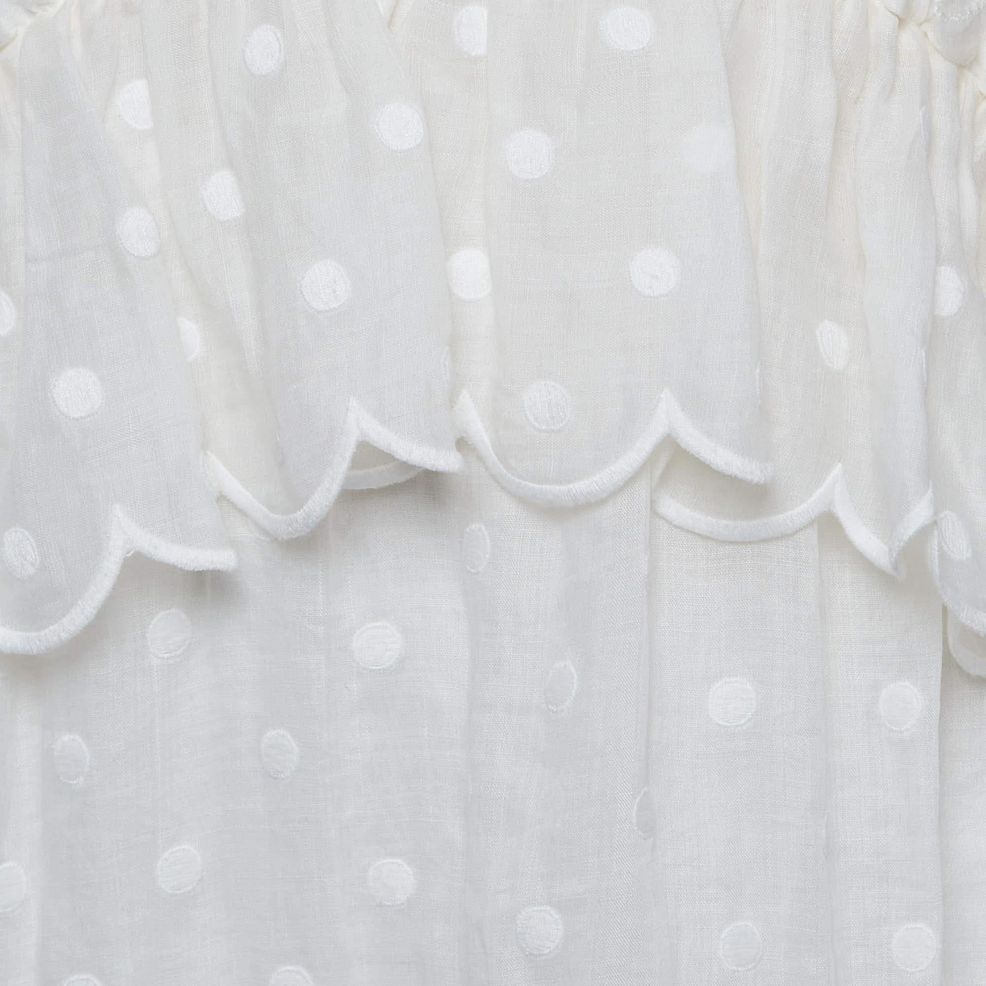 Zimmermann White Polka Dots Embroidered Ramie Tiered Mini Dress M In Excellent Condition For Sale In Dubai, Al Qouz 2
