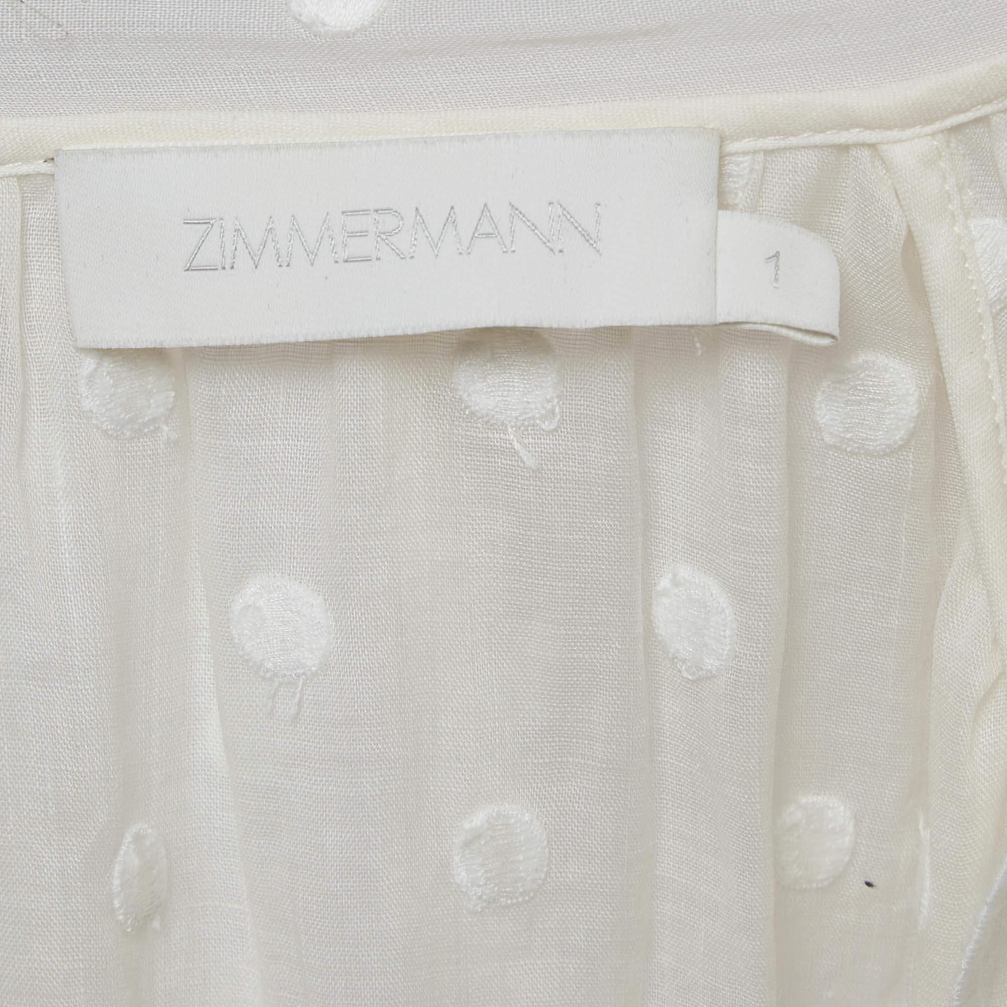 Zimmermann White Polka Dots Embroidered Ramie Tiered Mini Dress M For Sale 1