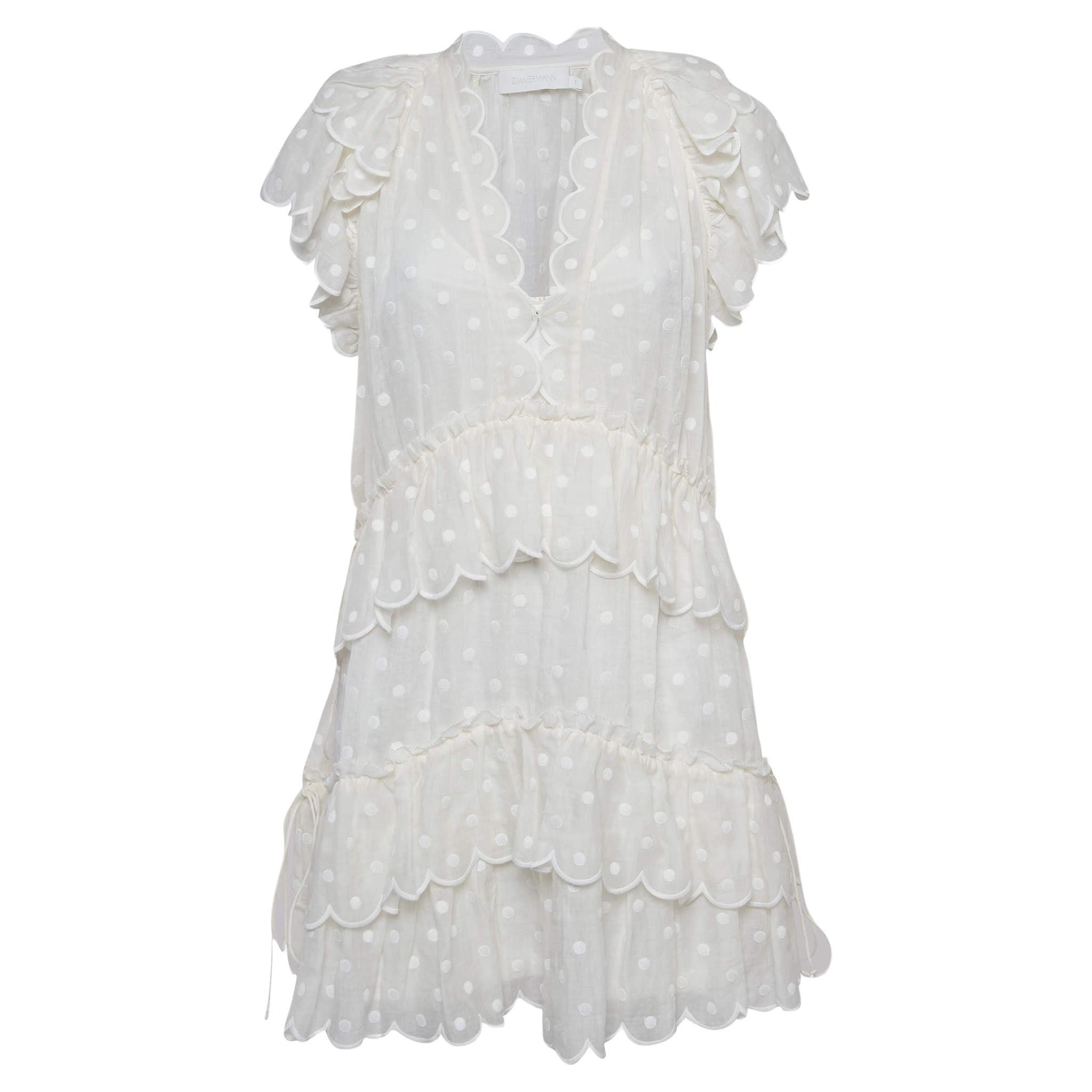 Zimmermann White Polka Dots Embroidered Ramie Tiered Mini Dress M For Sale