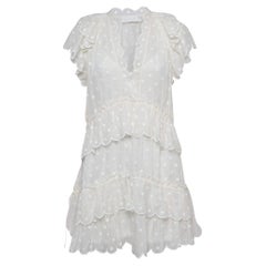 Used Zimmermann White Polka Dots Embroidered Ramie Tiered Mini Dress M