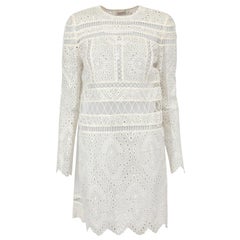 Used Zimmermann White Silk Broderie Anglaise Knee Length Dress Size M