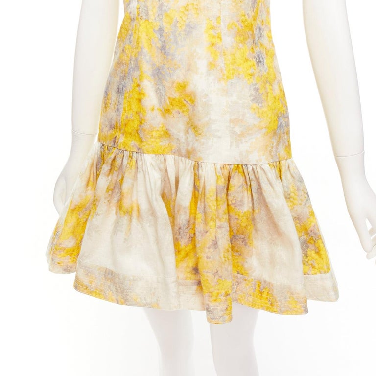 ZIMMERMANN Wild Botanica yellow cream linen floral drop waist dress Sz.1 S ZIMMERMANN Wild Botanica yellow cream linen floral drop waist dress Sz.1 S