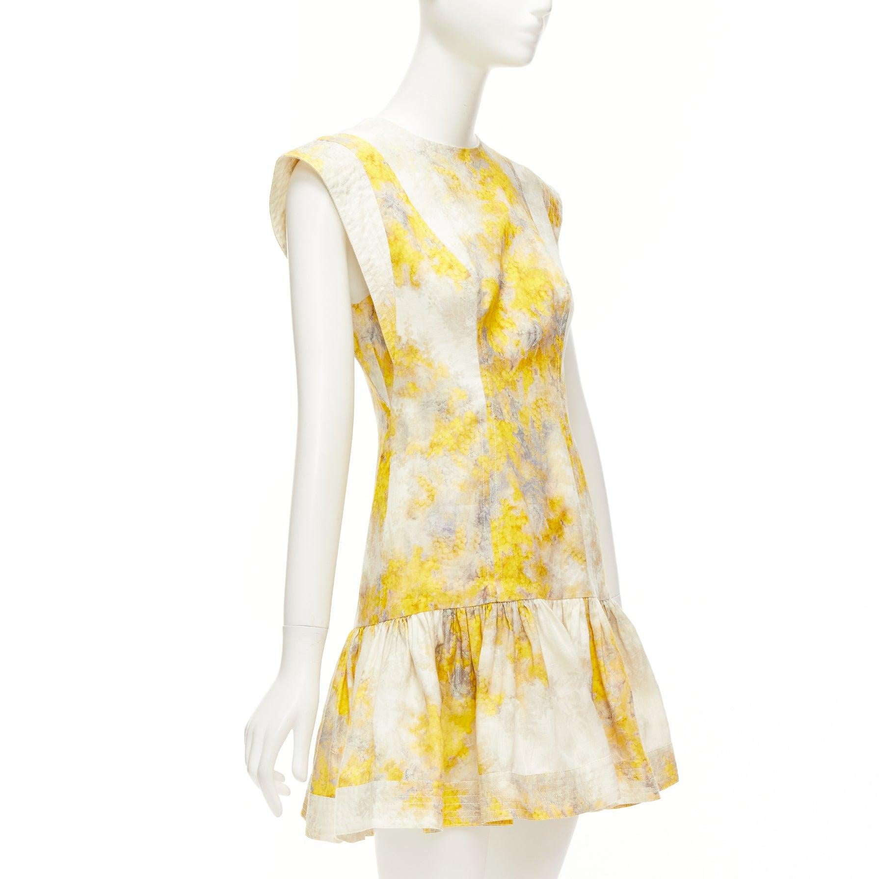 White ZIMMERMANN Wild Botanica yellow cream linen floral drop waist dress Sz.1 S