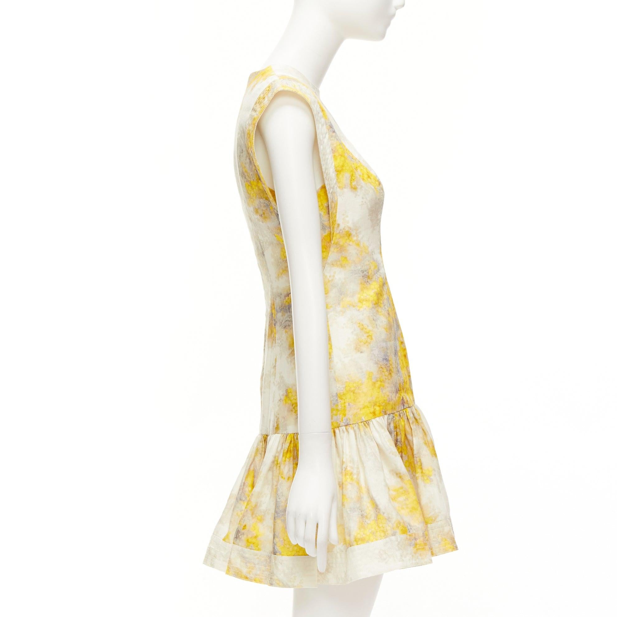 ZIMMERMANN Wild Botanica yellow cream linen floral drop waist dress Sz.1 S In Excellent Condition In Hong Kong, NT