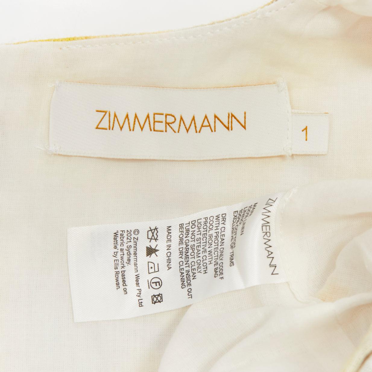ZIMMERMANN Wild Botanica yellow cream linen floral drop waist dress Sz.1 S 3