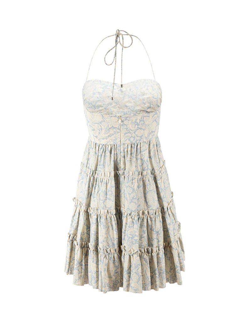 Zimmermann Women's Blue/Cream Paisley Tiered Sleeveless Halter neck Mini  Dress For Sale at 1stDibs