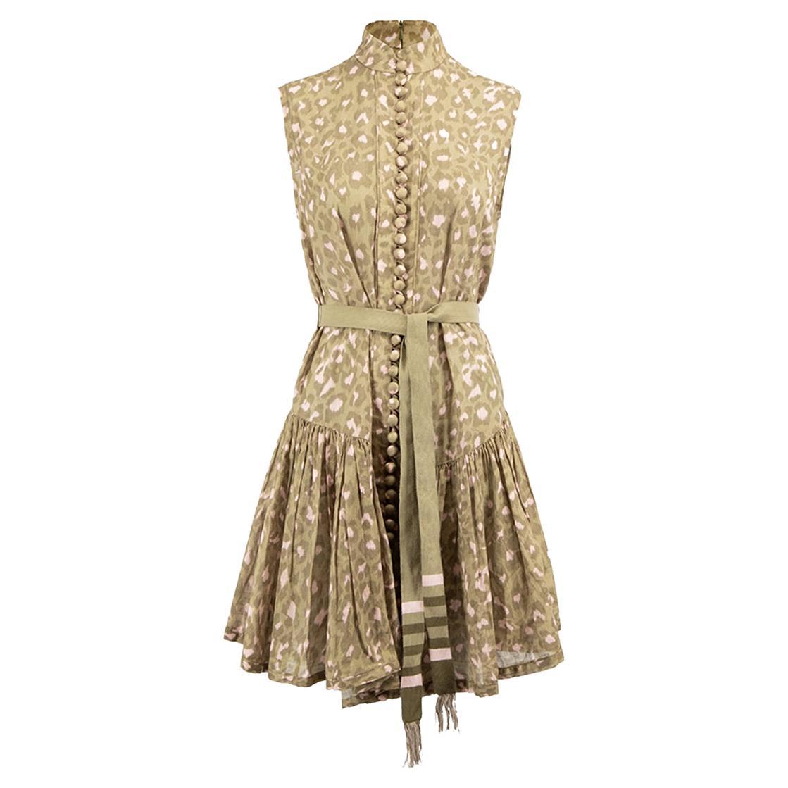 Zimmermann Women's Khaki Leopard Print Sleeveless Belted Mini Dress