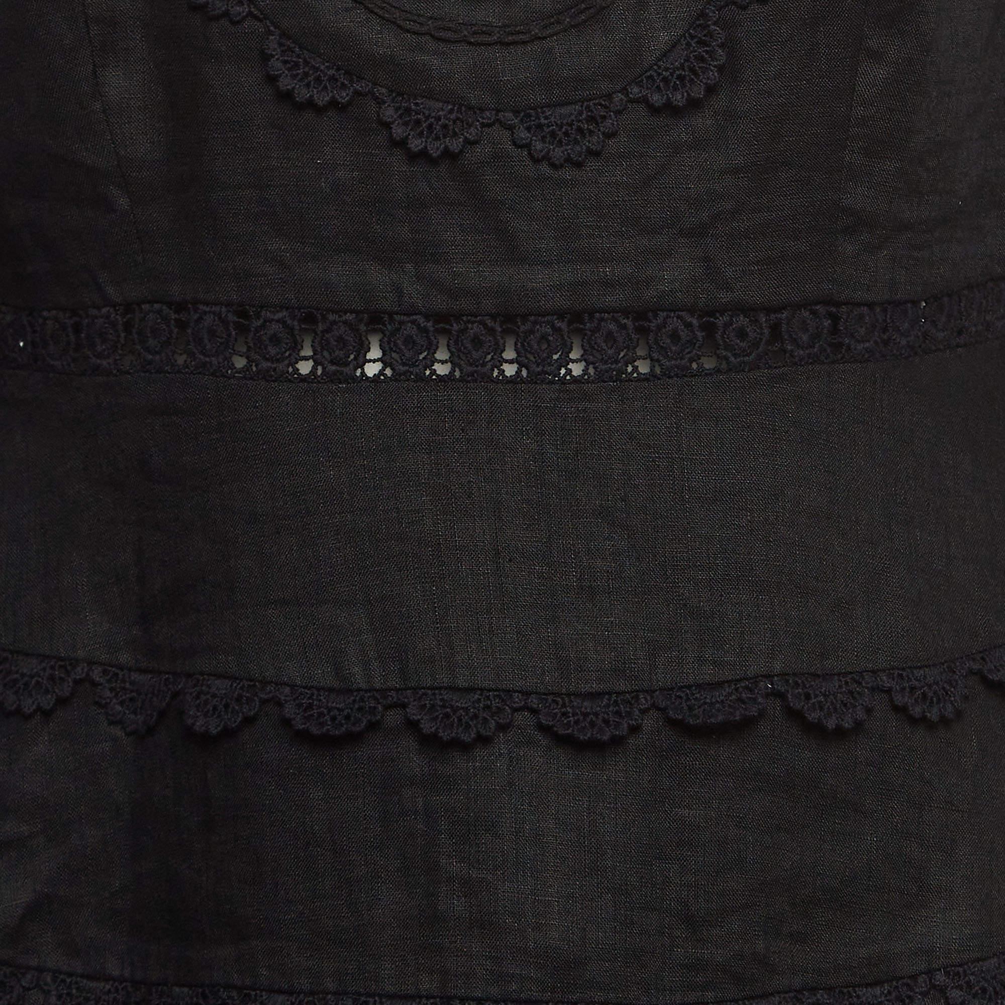 Zimmermann X Barneys Black Lace Trim Linen Tiered Mini Dress L For Sale 1