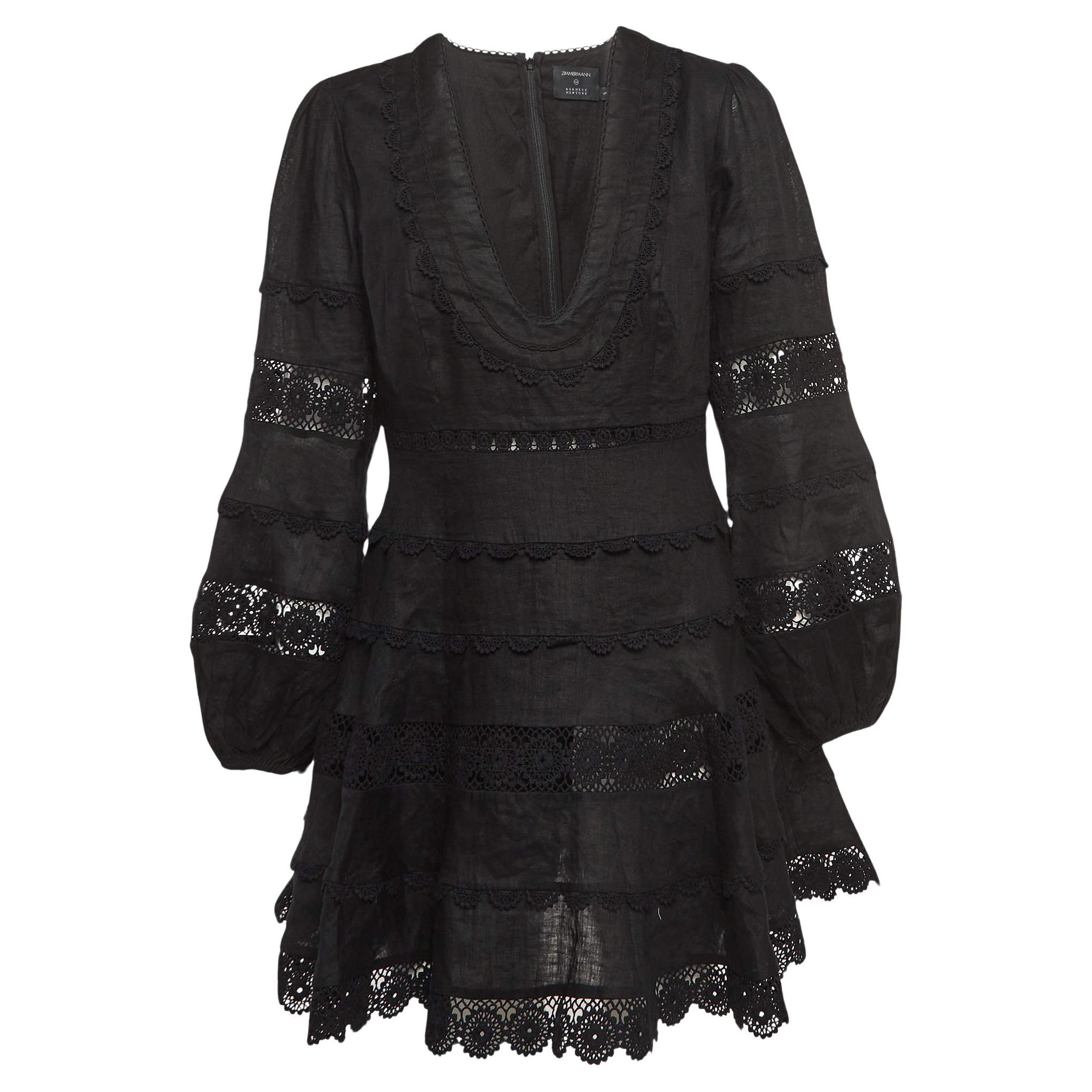 Zimmermann X Barneys Black Lace Trim Linen Tiered Mini Dress L For Sale